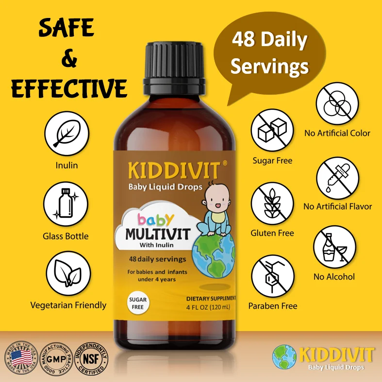 Kiddivit Baby Multivitamin Liquid Drops with Inulin - 48 Daily Servings, 4 Fl Oz (120mL) - Glass Bottle - Sugar Free, Gluten Free, Vegetarian Friendly