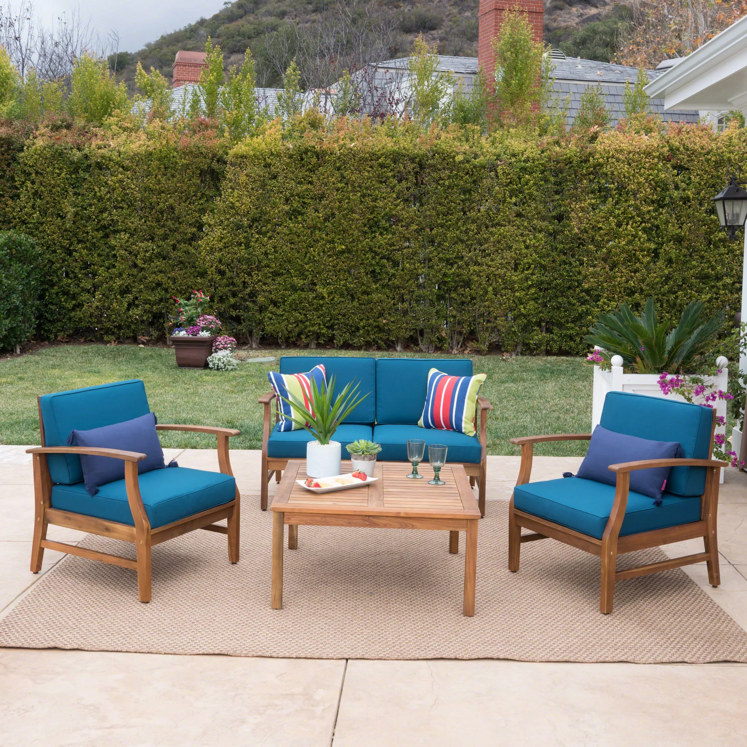 Pearl Outdoor 4 Seater Finished Acacia Wood Chat Set with Cushions,Teak,Blue