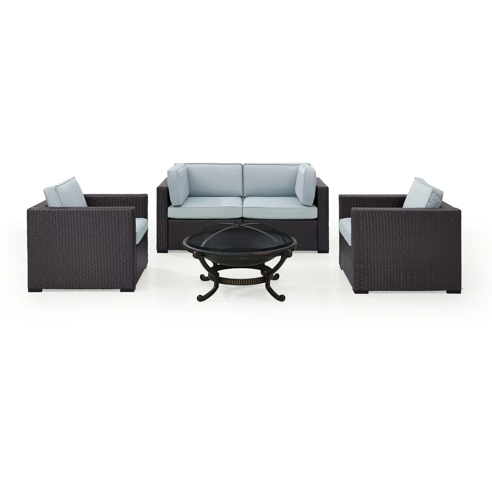 Crosley Furniture Biscayne 4 Person Outdoor Wicker Seating Set In Mist - Two Armchairs, Two Corner Chair, Ashland Firepit