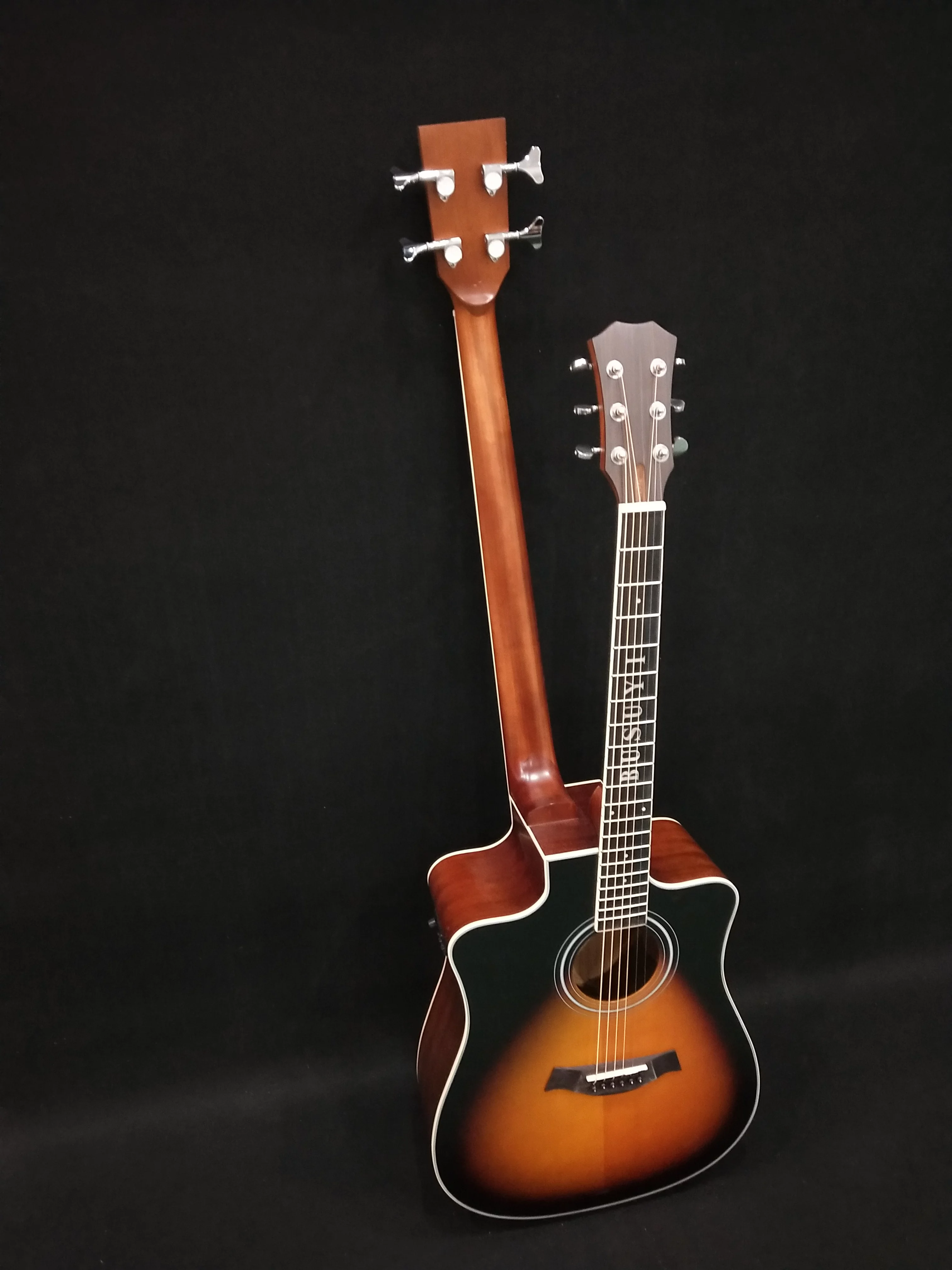 Busuyi Acoustic Electric Guitar 4 String Bass 6 String Lead, Travel Acoustic Guitar with Classical Metal Heel  Double Neck Guitar (Sunset)  All Levels + Drums