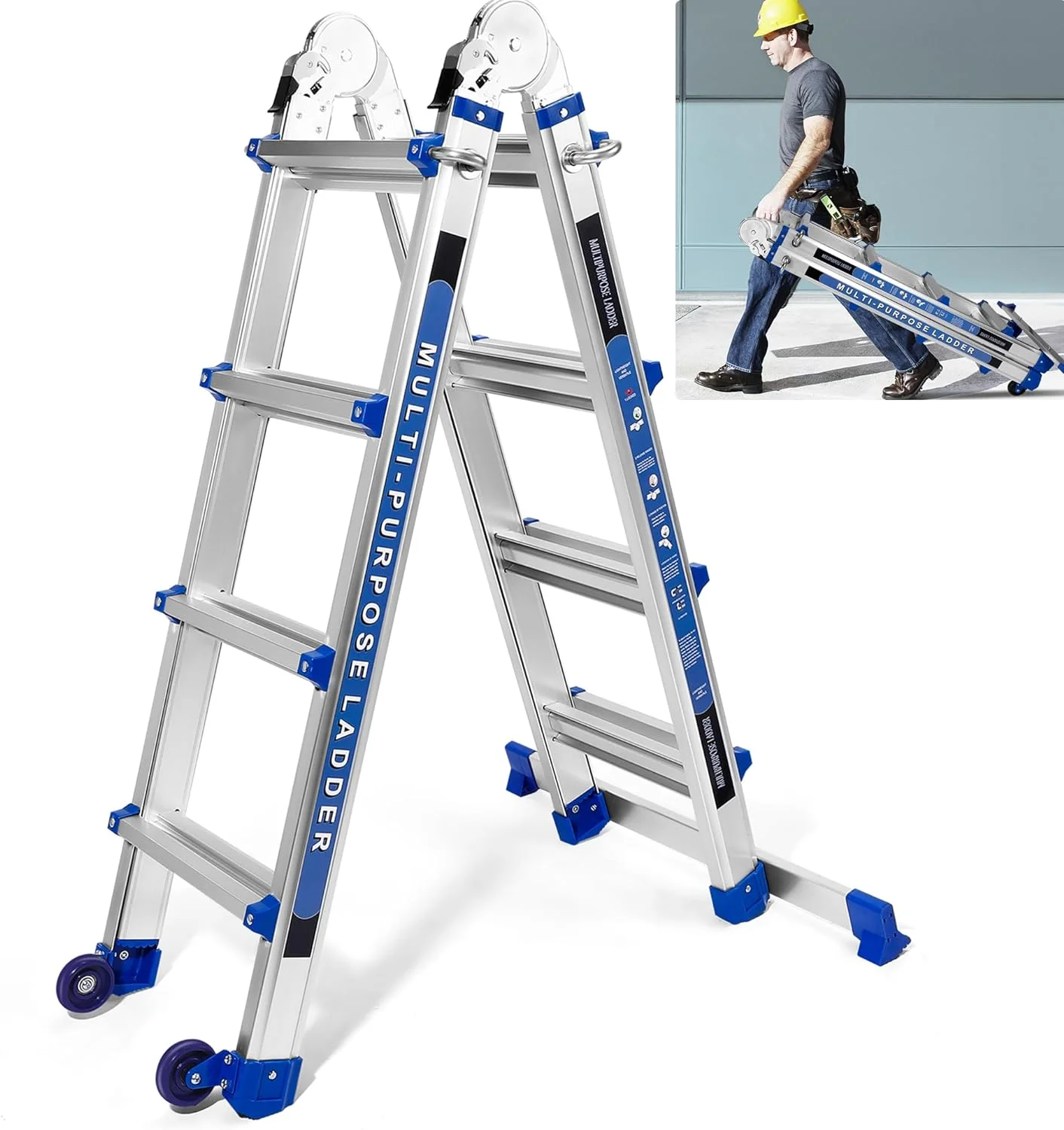 OUWI Ladder, A Frame 4 Step Extension Ladder, 13.5FT Little Giant Ladder with Stabilizer Bar & Wheels,330 lbs Capacity Telescoping Ladders for Home or Outdoor Work(Blue)