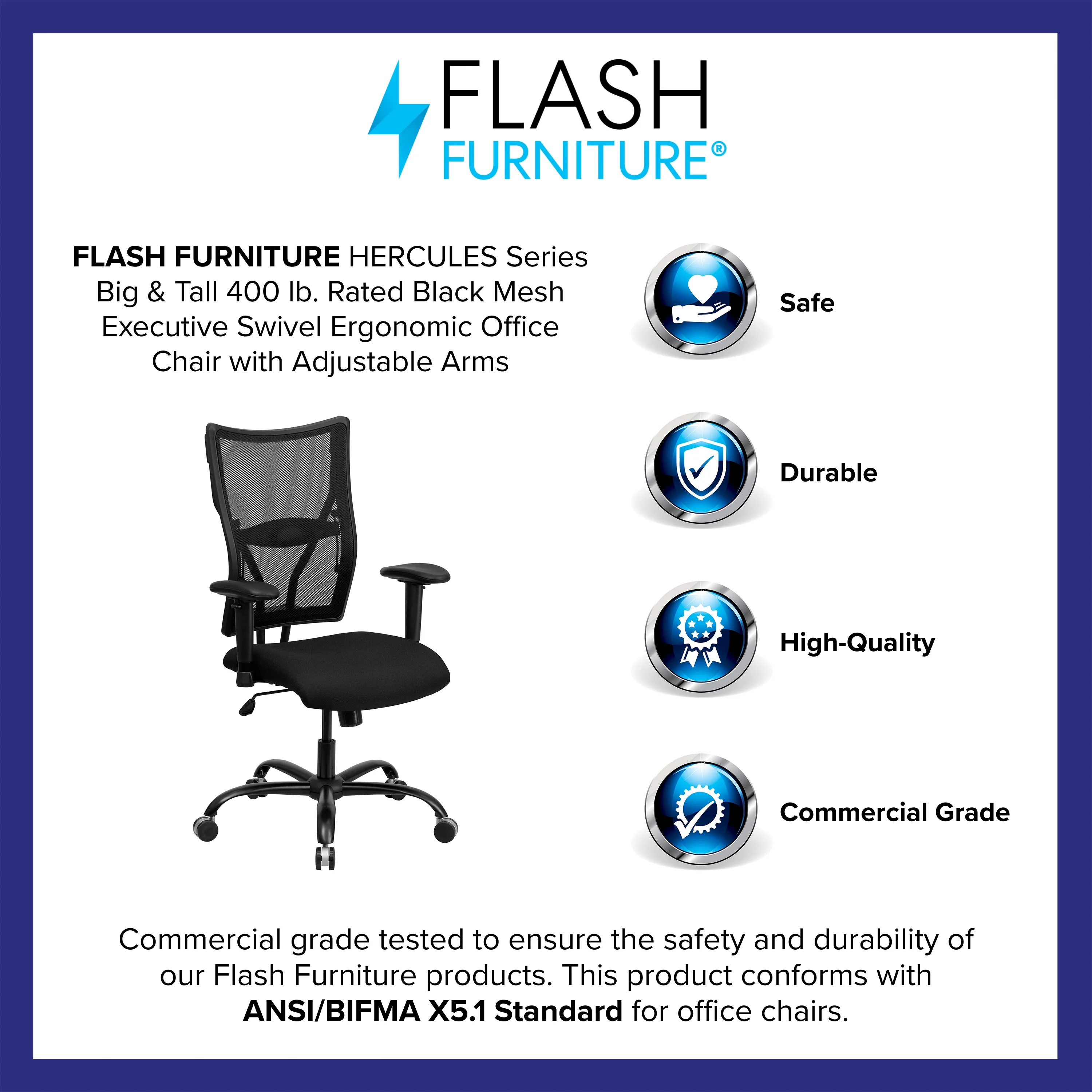 Emma + Oliver 400 lb. Big & Tall Black Mesh Swivel Ergonomic Office Chair with Adjustable Arms