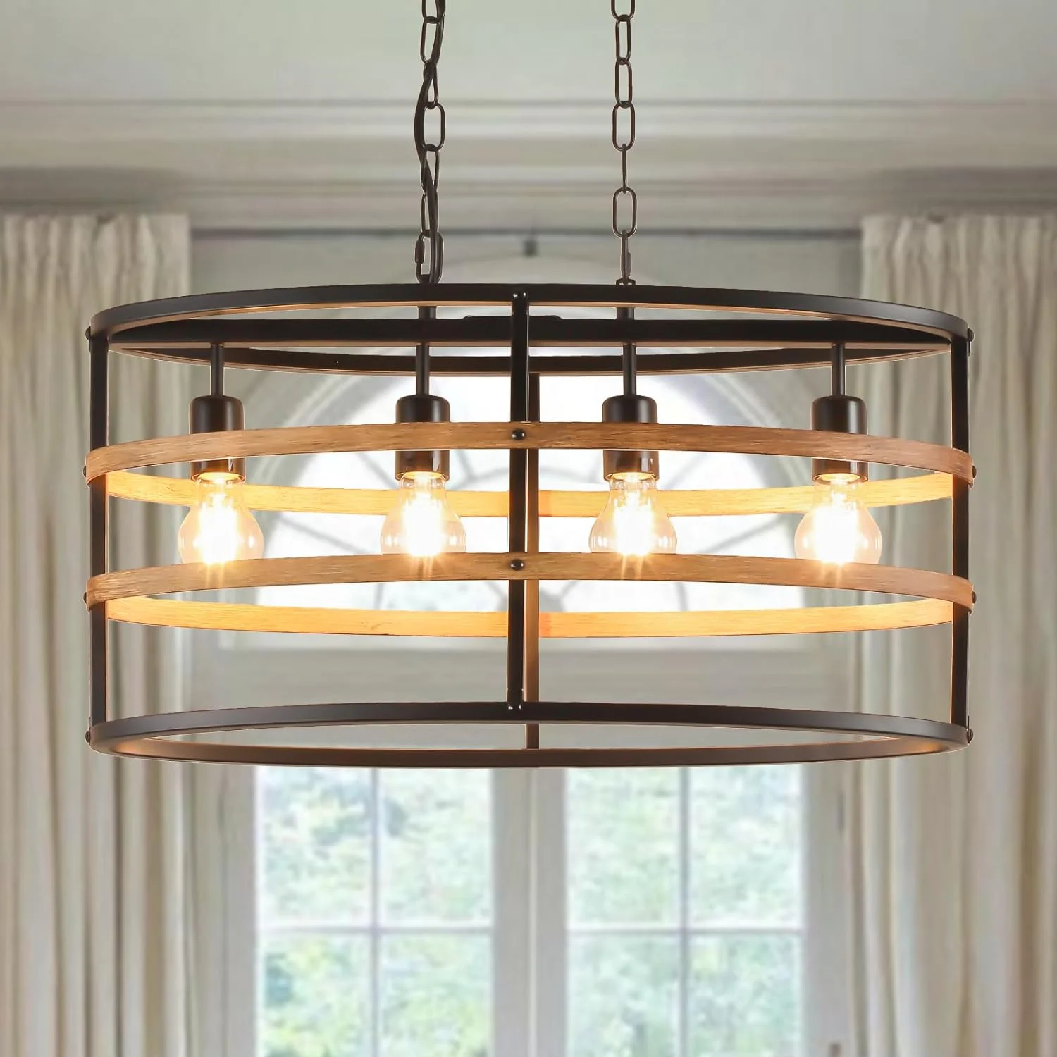 Depuley 4 Light Black Walnut Metal Cage Chandelier Industrial Ceiling Light Fixture Farmhouse Hanging Oval Pendant Light for Living Room Dining Kitchen Island, E26 Socket