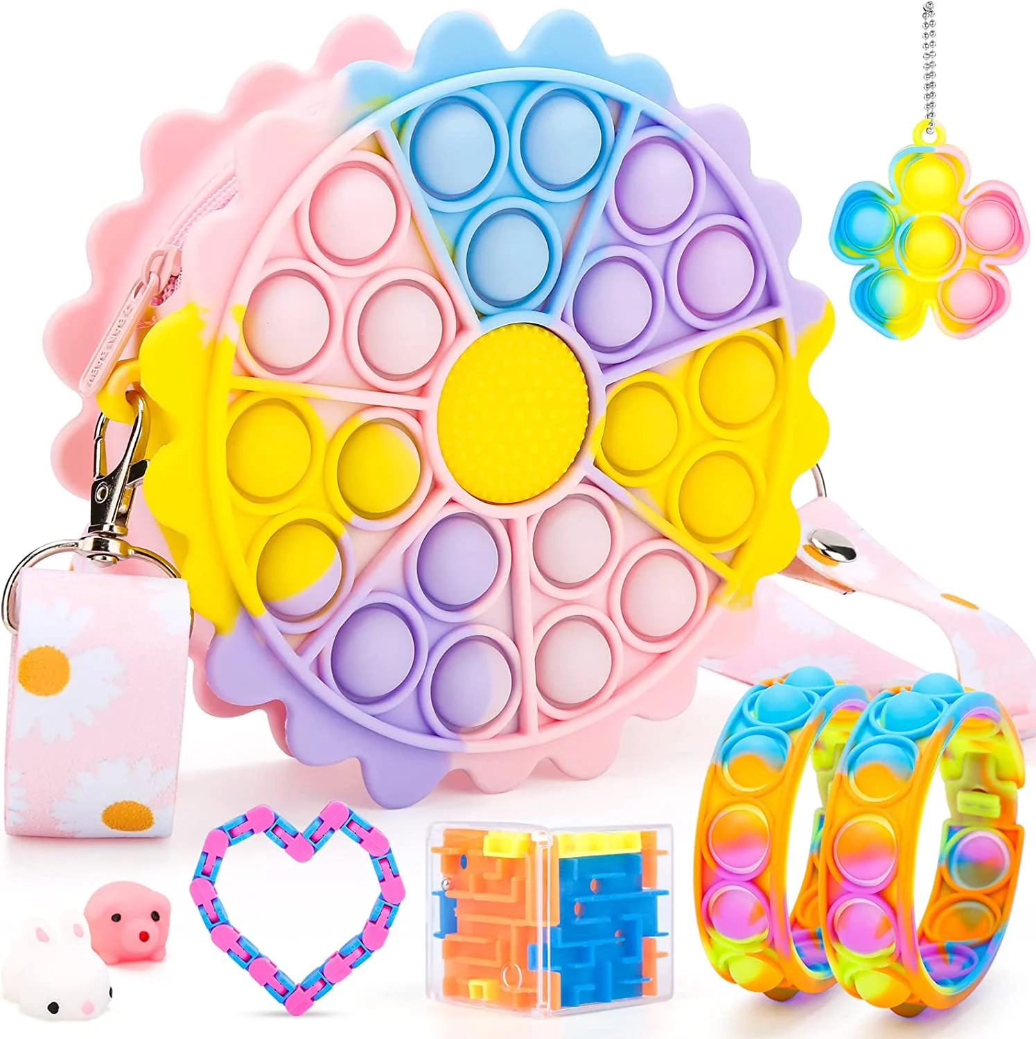 iTechjoy Pop Fidget Purse for Girls Push Bubble Tie Dye Shoulder Bag Toy for Adult, Sensory Stress Relief Game Round Figetsss for Kids