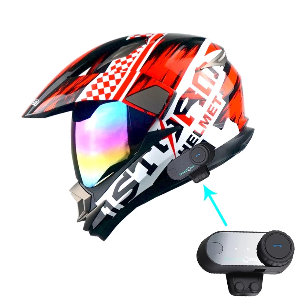1Storm Dual Sport Helmet Motorcycle HGXP14A Full Face Motocross Off Road Bike + Motorcycle Bluetooth Headset: Storm Red