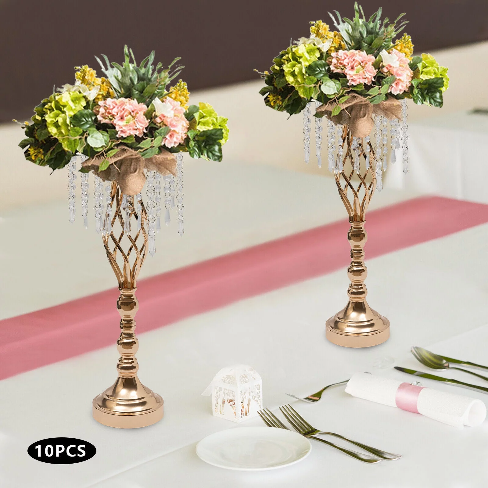 10PCS Crystal Flower Stands Vases 55cm Wedding Centerpieces Dining Table Gold