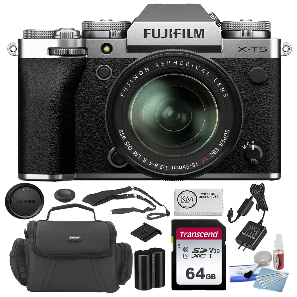 FUJIFILM X-T5 Mirrorless Camera with 18-55mm Lens | Silver Bundle with 64GB Memory Card + DC-49 Camera Case + 5-Piece Camera Cleaning Kit + Cleaning Cloth (5 Items)