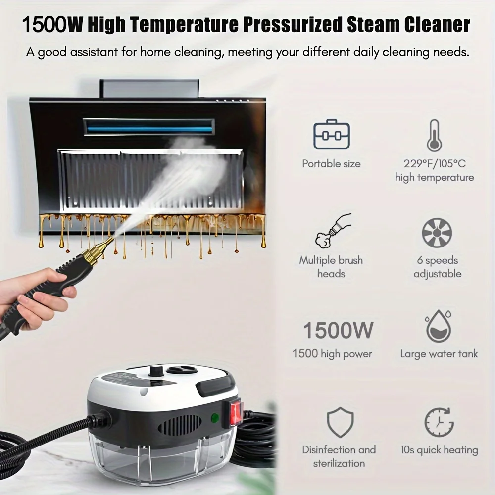 Portable Handheld Steam Cleaner High Temperature Pressurized Steam Cleaning Machine With Brush Heads For Kitchen Furniture Bathroom (US Plug)