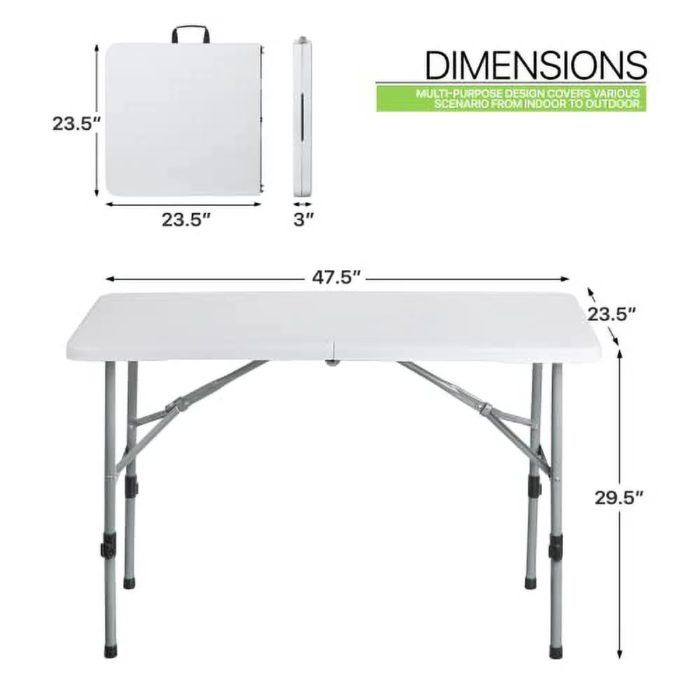 Magshion Plastic Folding Table 4ft Indoor Outdoor Adjustable Height Heavy Duty Foldable Table with Handle for Parties Backyard Events White