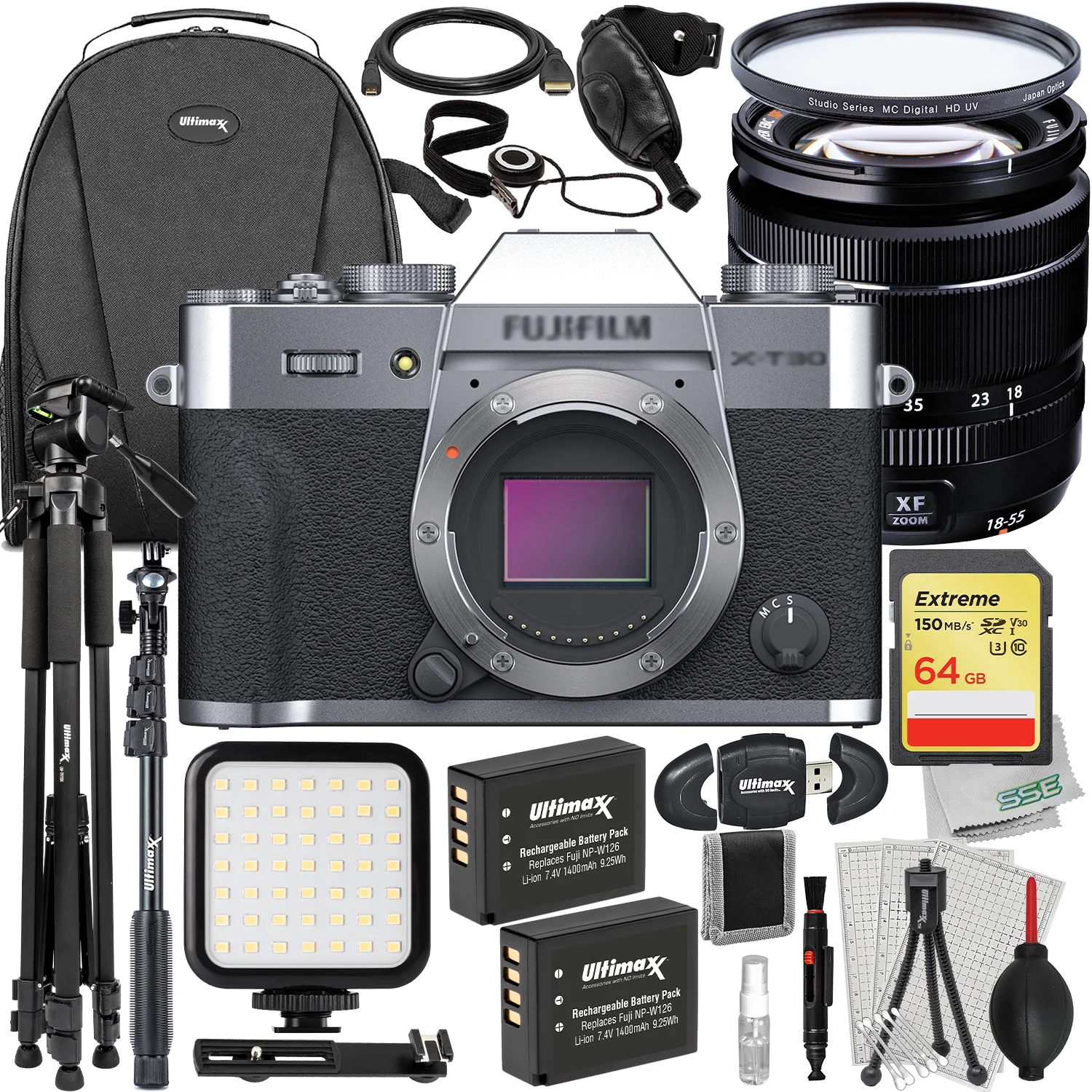 Ultimaxx Advanced FUJIFILM X-T30 II Mirrorless Camera with 18-55mm Lens Bundle (Silver) - Includes: 64GB Extreme Memory Card, 2x Spare Batteries & Much More (27pc Bundle)
