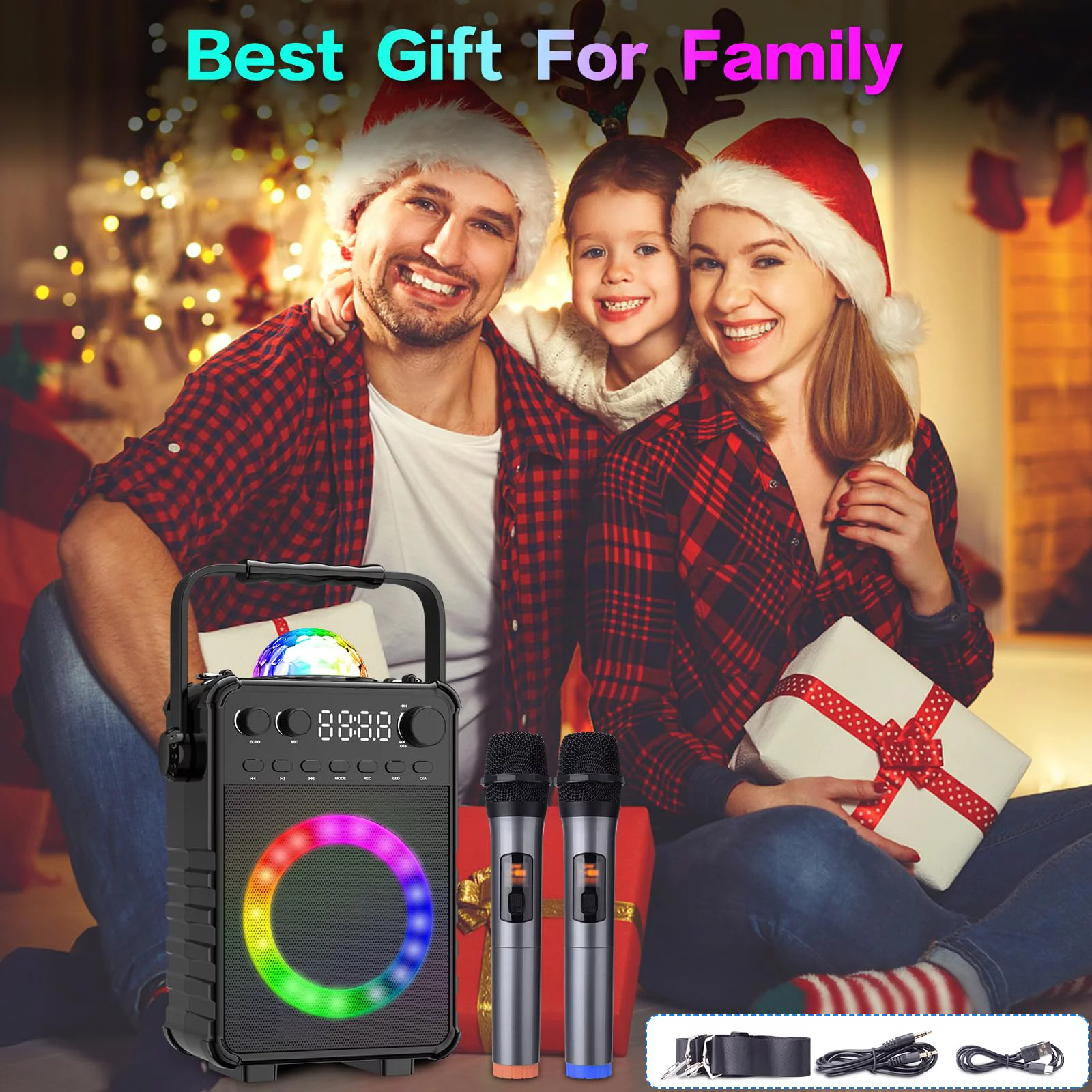 BONAOK Karaoke Machine with 2 Wireless Microphones, Portable Bluetooth Speaker with  for Adults Kids Singing Machine with Disco LED Lights Gifts for Girls Boys Home Party