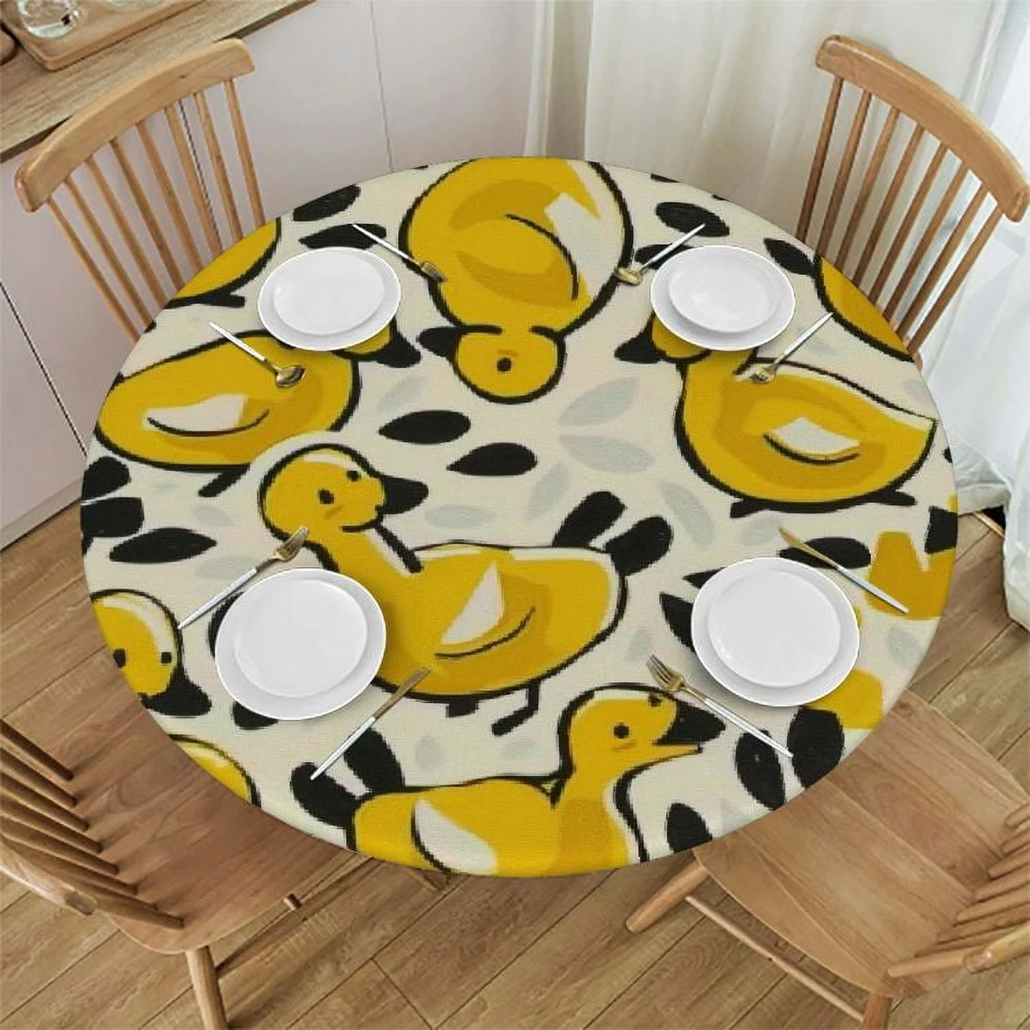 WXKJ Yellow Cartoon Duck Fitted Round Tablecloth Waterproof Table Cloth with Elastic Edge Wipe Clean Table Covers for Indoor Outdoor White
