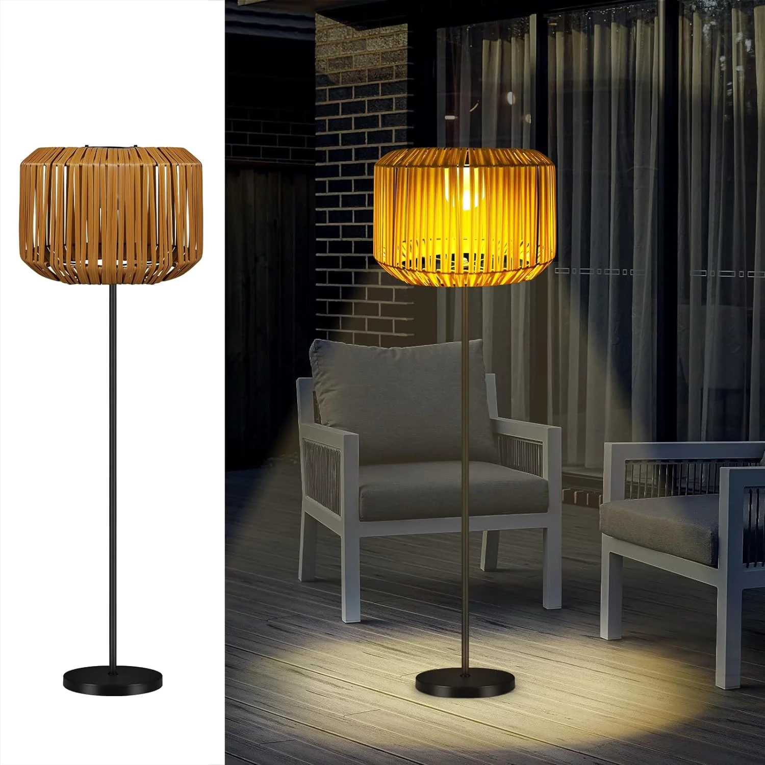 LIANMEI Solar Outdoor Lights Floor Lamp - Cordless Floor Lamp - Solar Rattan Lamp for Patio, Porch, Garden, Decks, Living Room, Bedroom, Outdoor Spaces（Bamboo）