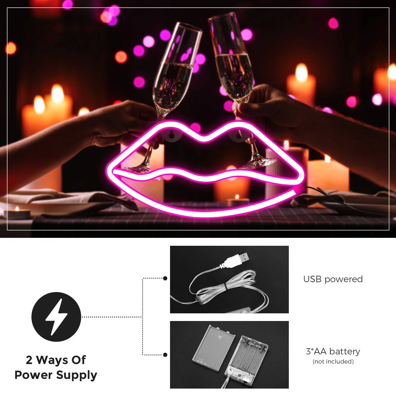 Pink Lips Neon Lights, Neon Sign Girl's Wall , 3 AA Battery/USB