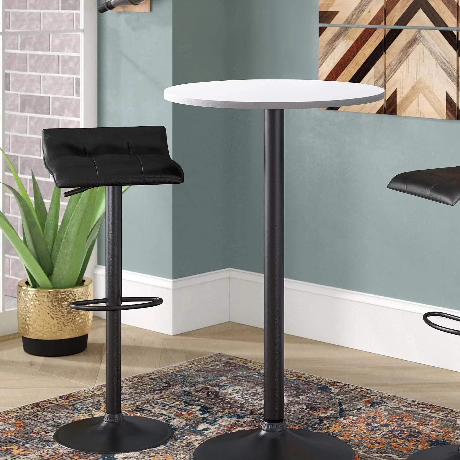 Bistro Pub Table Round Bar Height Cocktail Table Metal Base MDF Top Obsidian Table with Black Leg 23.8-Inch Top, 39.5-Inch Height (White)