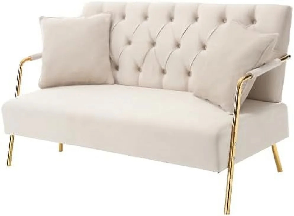 SJOINMB Modern Velvet Loveseat Sofa  58" Mid Century Upholstered 2 Seater Sofa - Comfortable Sofa Couch with 2 Pillows and Gold Metal Legs - Small Spaces Bedroom Apartment Office Livi