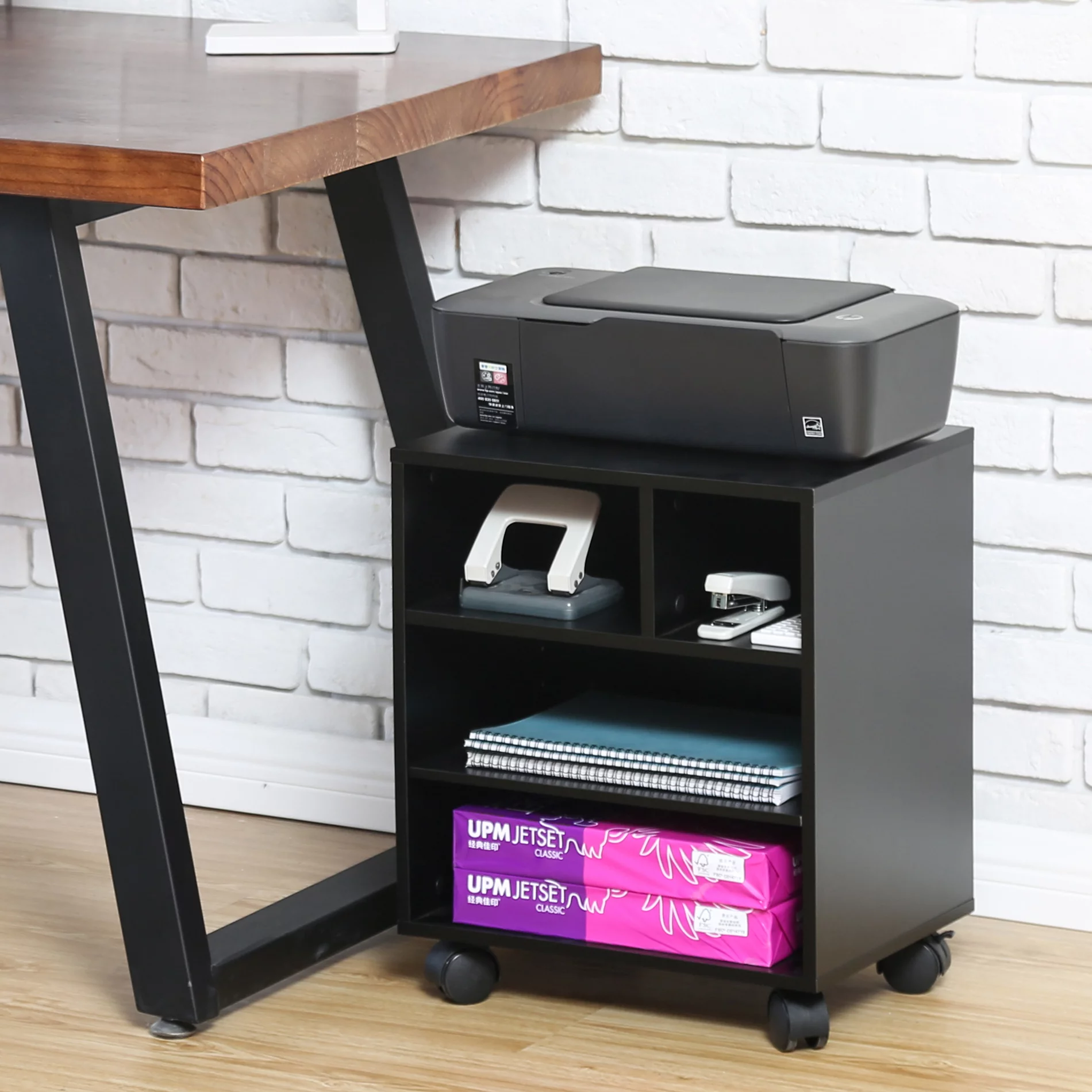 Mobile Printer Stand with Storge Shelves, Rolling File Cabinet on Wheels for Home, Office, Black