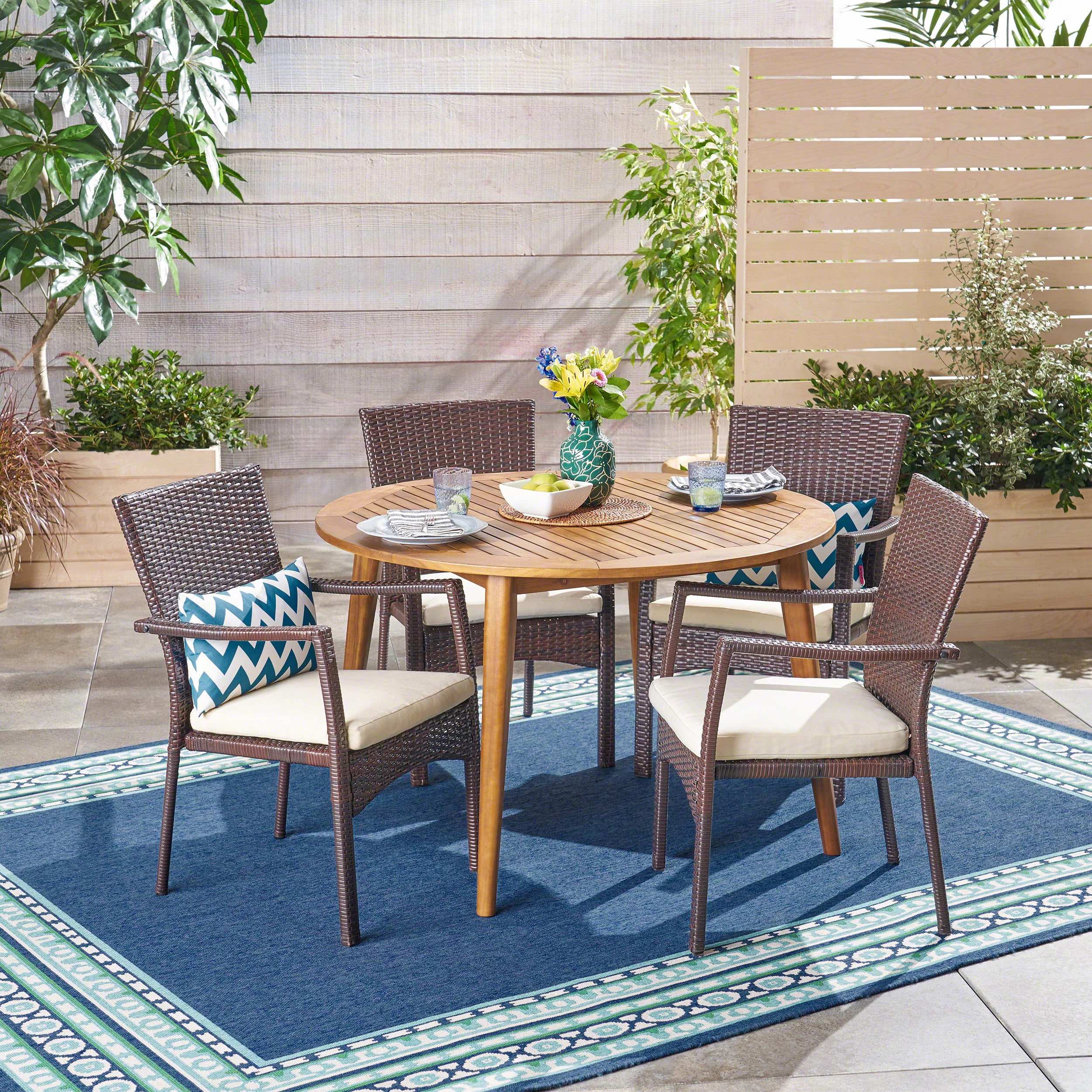 GDF Studio Venti Outdoor Acacia Wood and Wicker 5 Piece Dining Set with Cushion, Teak, Brown, and Cream