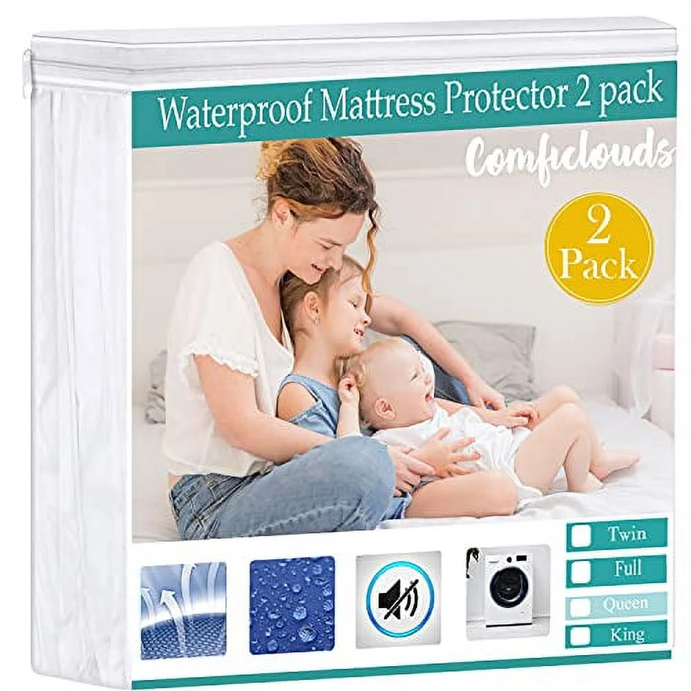 Waterproof Mattress Protector King Size 2 Pack, Smooth Breathable Mattress Cover Pad, Comfort & Ultra Soft & Noiseless Fitted 15