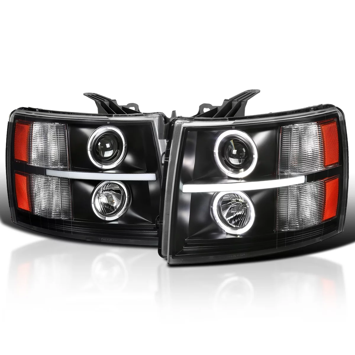 Spec-D Tuning Halo LED Black Projector Headlights Compatible with 2007-2013 Chevy Silverado 1500, 2007-2014 Chevy Silverado 2500Hd/3500Hd, Left + Right Pair Headlamps Assembly