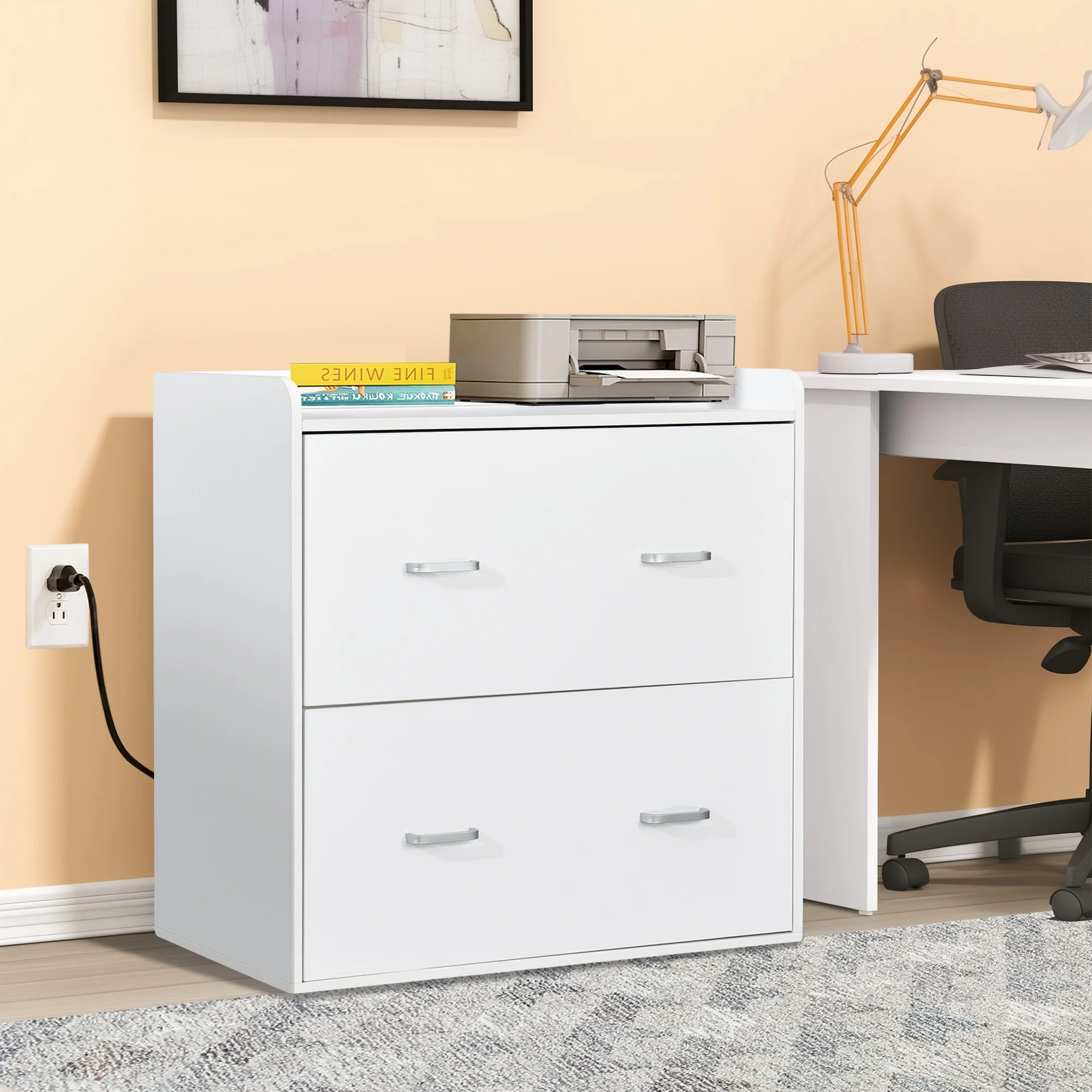 ModFusion 2-Drawer, 4-Metal Drawer Handle A4 Legal Letter Files Organizer Wood Cabinet with Charging Hub Station, White