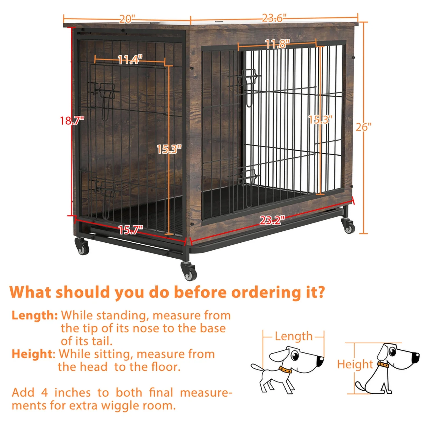 RUseeN Dog Crate Furniture, Side End Table, Modern Kennel for Dogs Indoor up to 20 lb, Heavy-Duty Dog Cage with Multi-Purpose Removable Tray, Double-Door Dog House, Brown