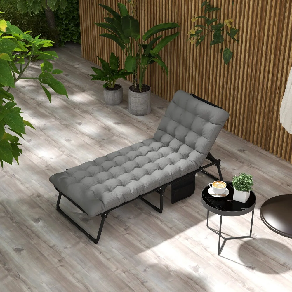 Outsunny Outdoor Chaise, Adjustable Folding Chaise Lounge with 4-position Backrest, Magazine Pocket, Removable Head Pillow, Sun Bathing Lounger Chair for Patio, Beach, Gray