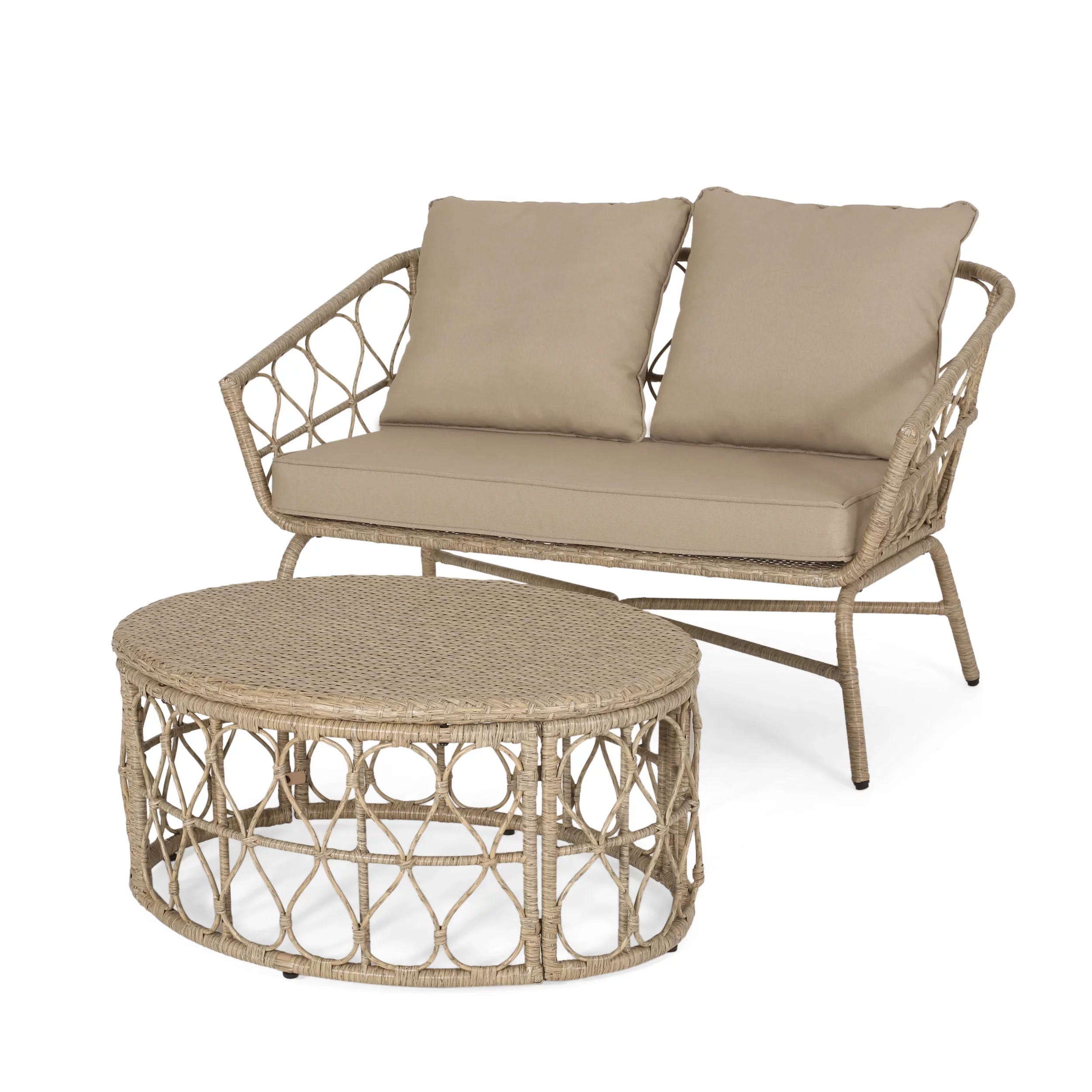 GDF Studio Colmar Outdoor Wicker Loveseat and Coffee Table Set with Cushions, Light Brown and Beige