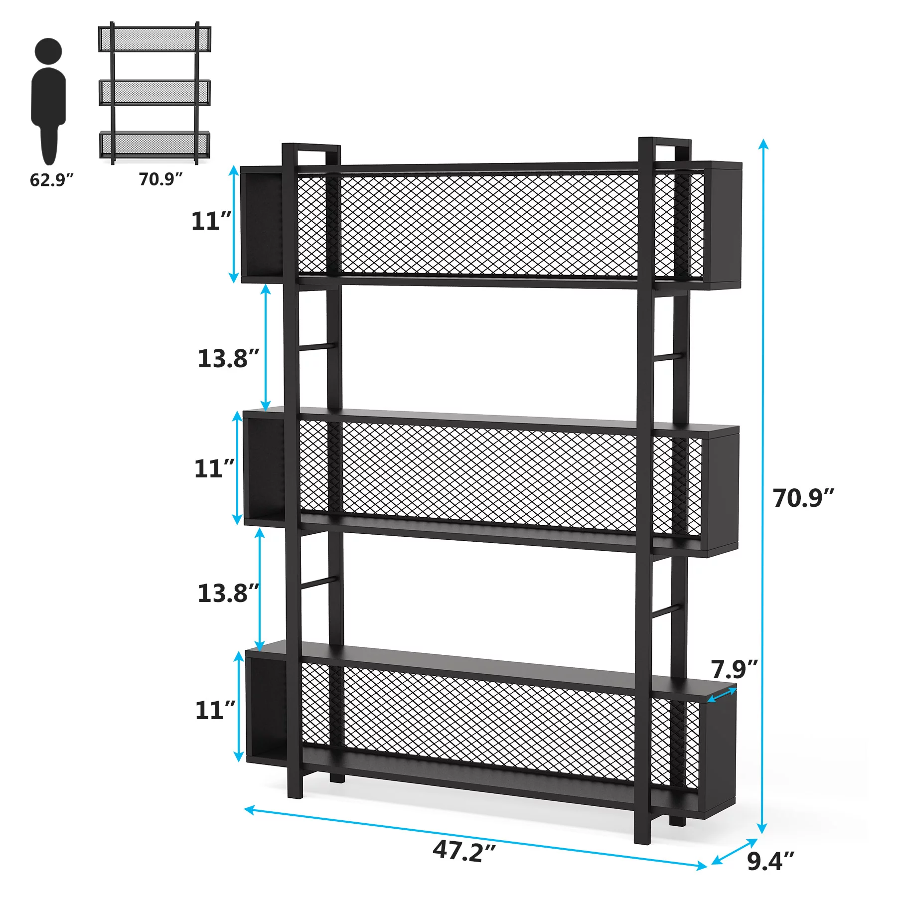 Modern 5-Tier Bookshelf Industrial Wide Bookcase Rustic Wood and Metal Standing Bookshelf