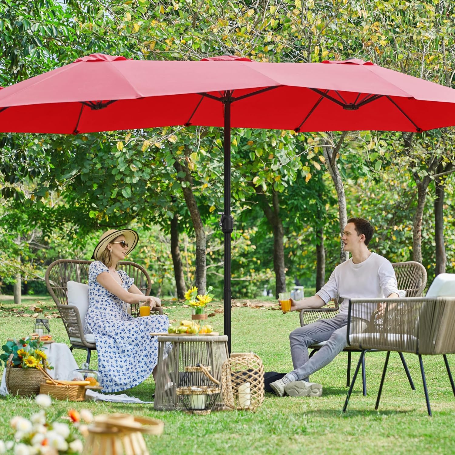 U-SHARE 15 ft Triple-size Patio Umbrella w/Base Included - Market Extra-Large Double Sided Umbrella - Twin-size Patio Parasol w/Easy Crank & 12 Strong Ribs & Ventilation Openings, Red