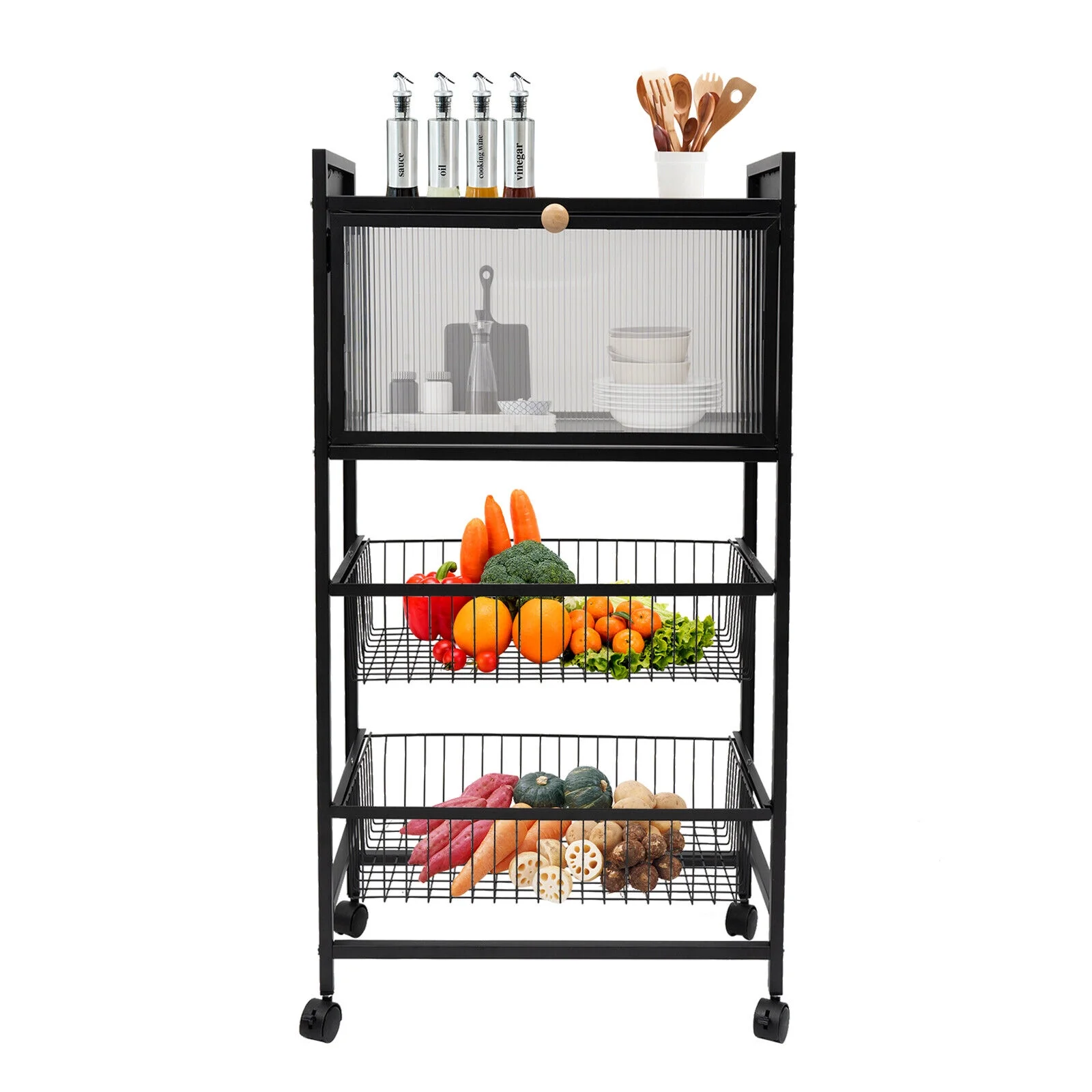 4-Tier Microwave Rack Bread Storage Kitchen Organizer Shelf W/ Brakeable Casters