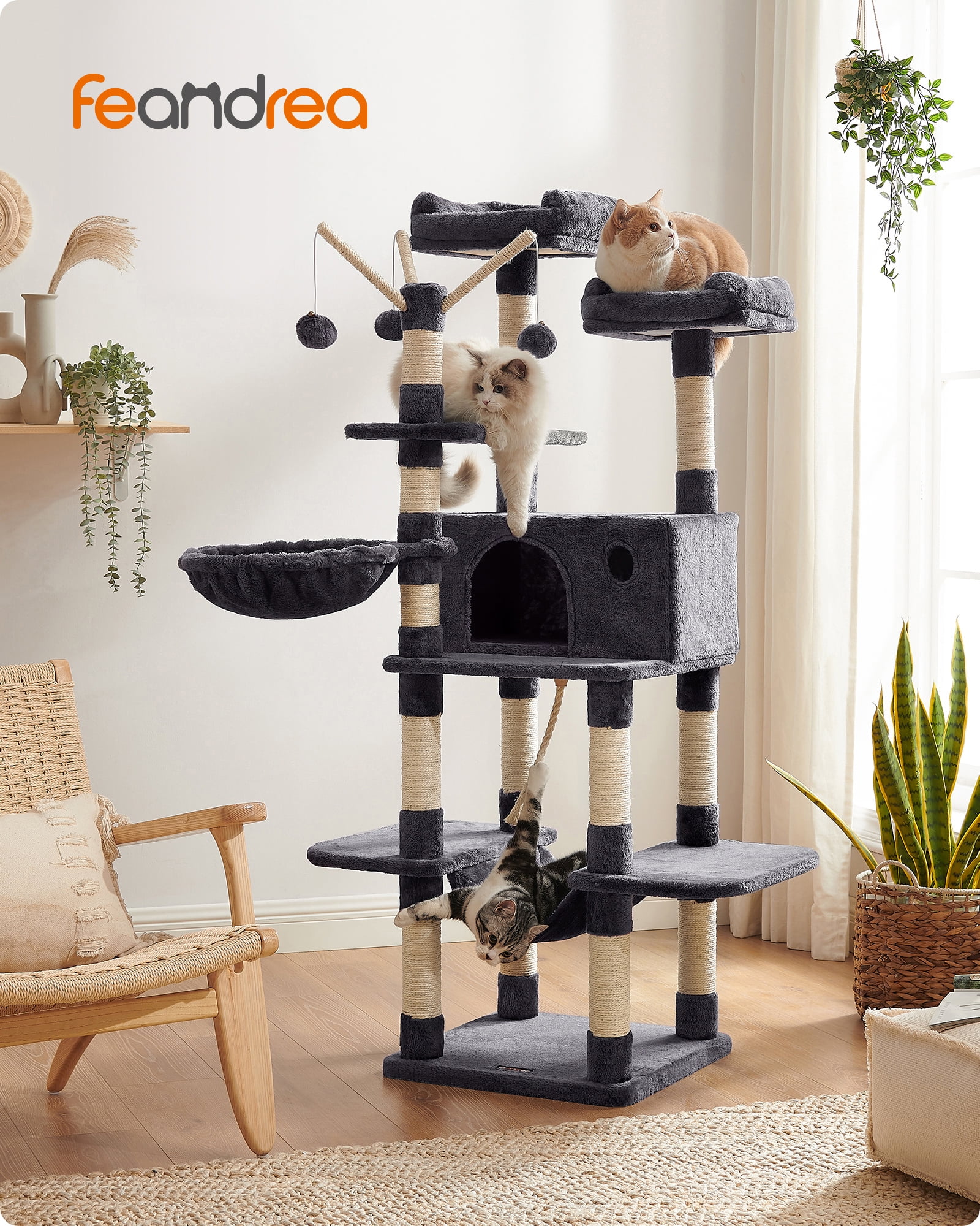 FEANDREA Cat Tree Large Cat Tower Condo Scratching Post Tower Play House Dark Gray