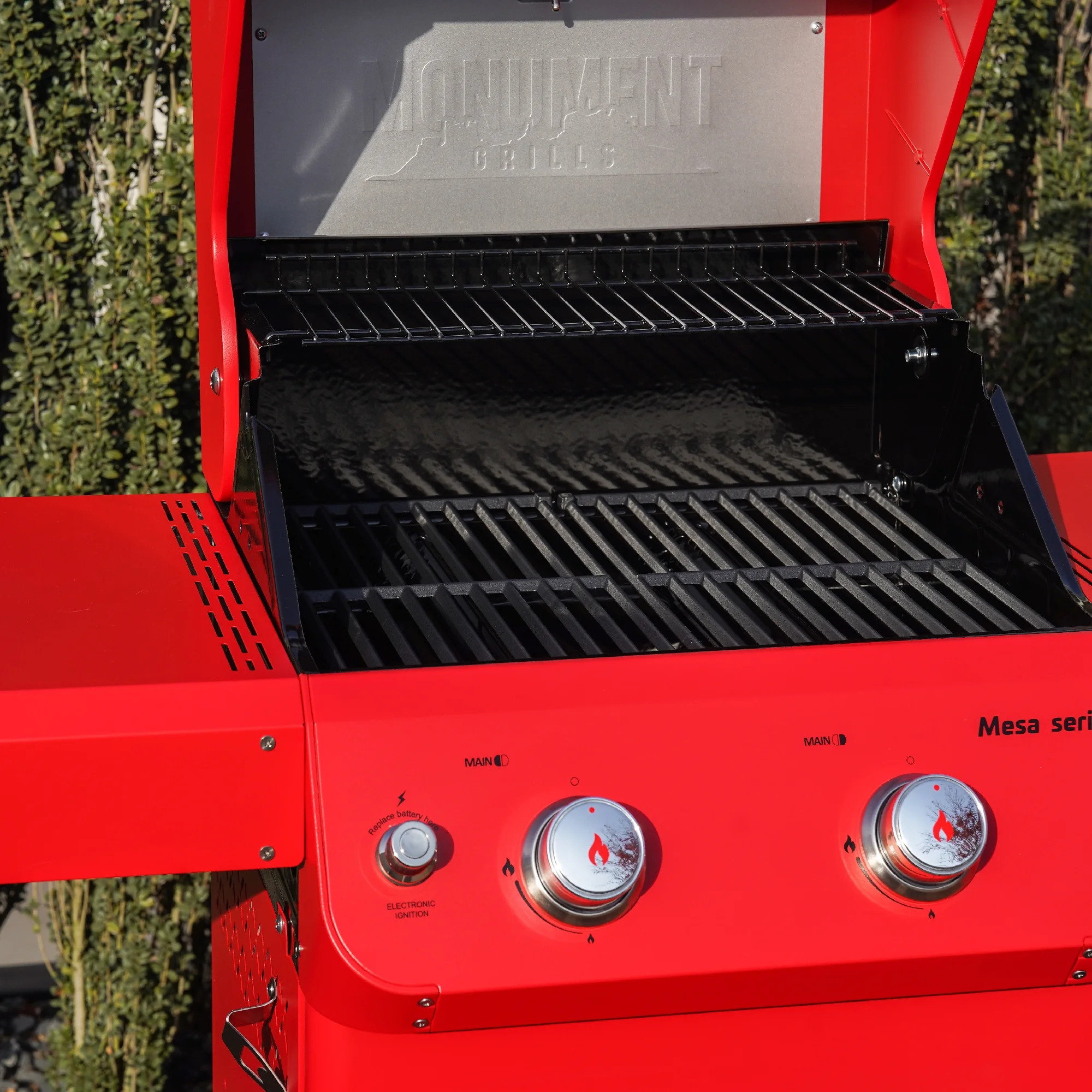 Mesa 2-Burner Propane Gas Grill in Red with Clear View Lid and LED Controls