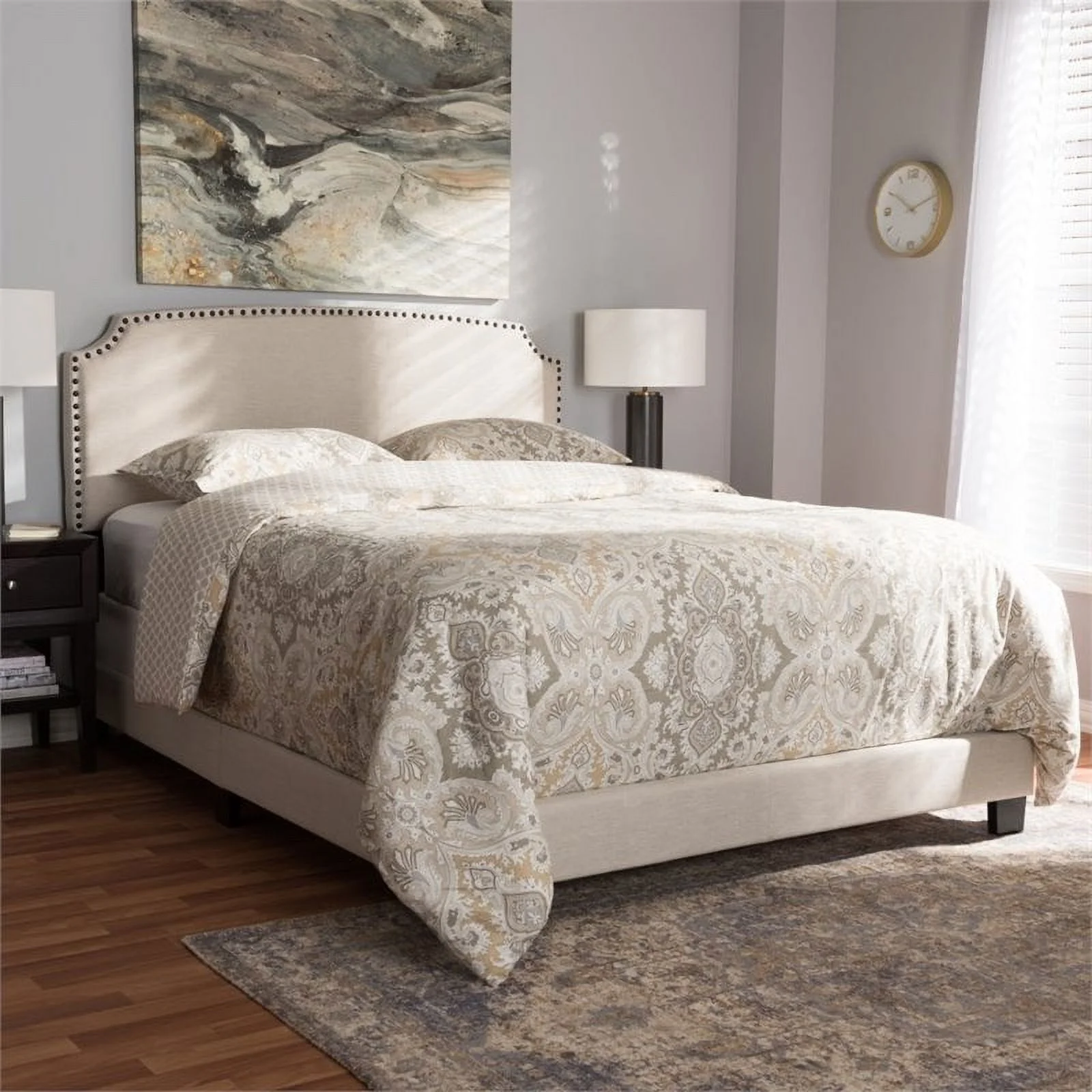Bowery Hill Nailhead Upholstered Queen Bed in Light Beige