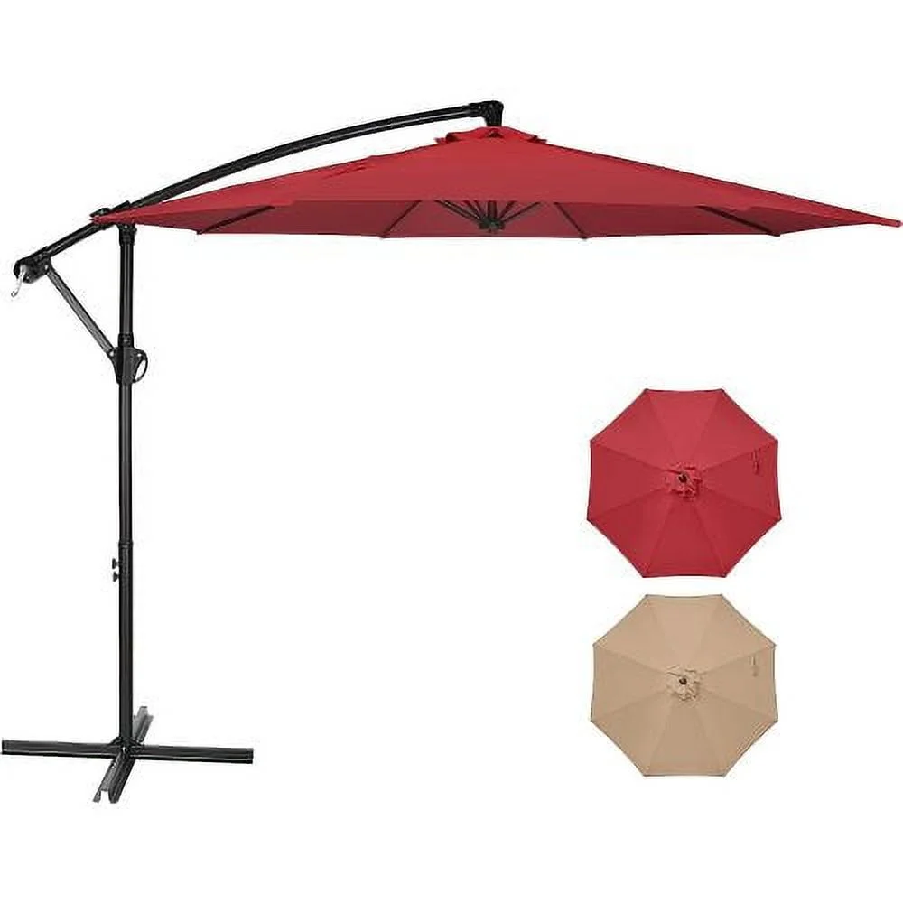 Qulable 10ft Offset Umbrella Cantilever Patio Hanging Umbrella Outdoor Market Umbrella with Crank & Cross Base Suitable for Garden, Lawn, backyard and Deck, Red