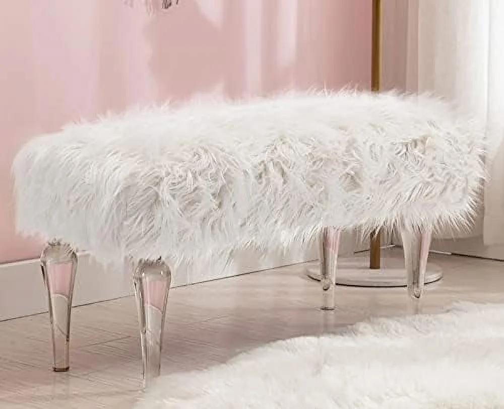CKPFVY Modern Faux Fur Acrylic Entryway Bench  Fuzzy End of Bed Bench Footrest Vanity Stool Ottoman Bench for Bedroom Living Room  White