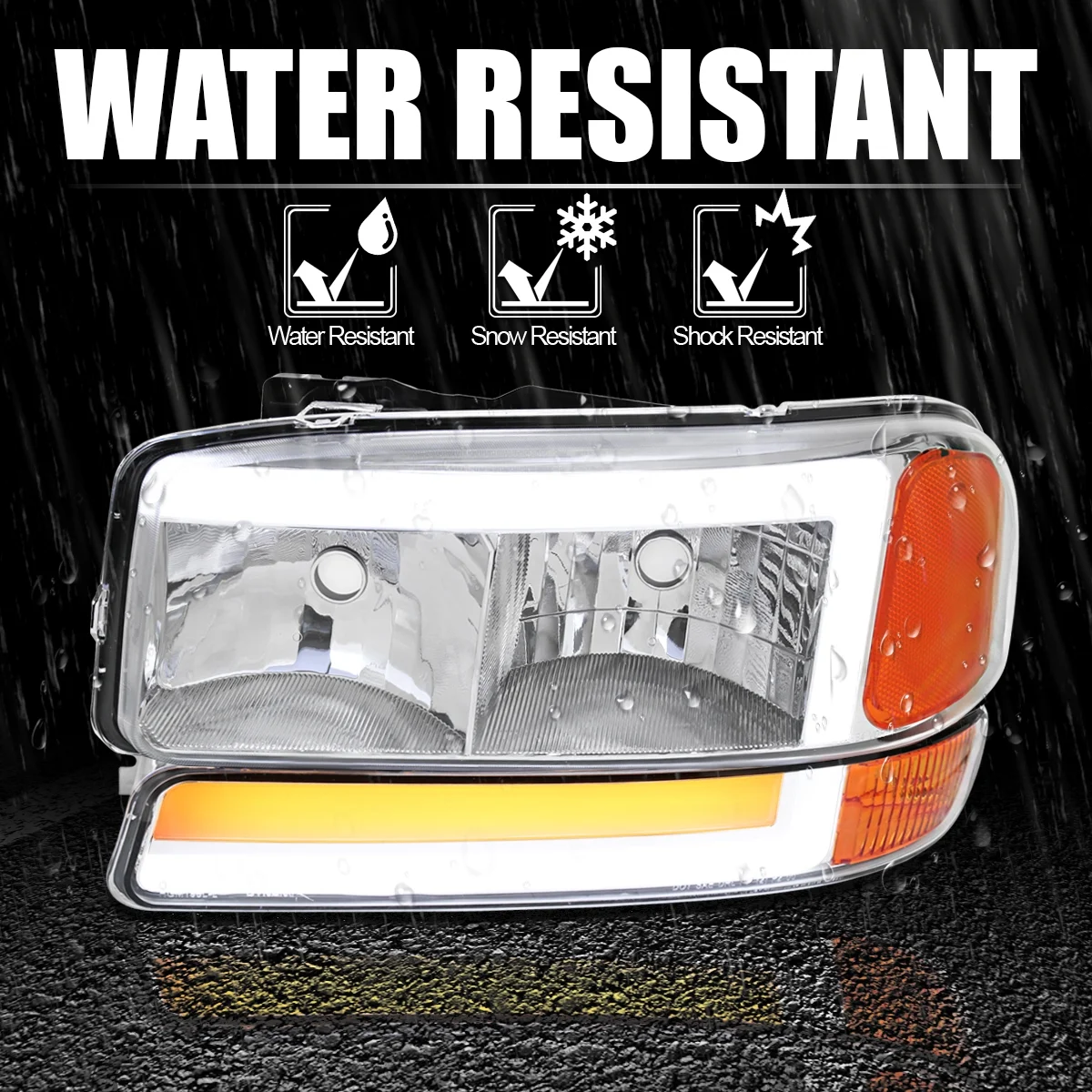 Spec-D Tuning Chrome Housing Clear Lens LED Tube Headlights + Sequential Bumper Lights Compatible with 1999-2006 GMC Sierra 1500/2500/3500