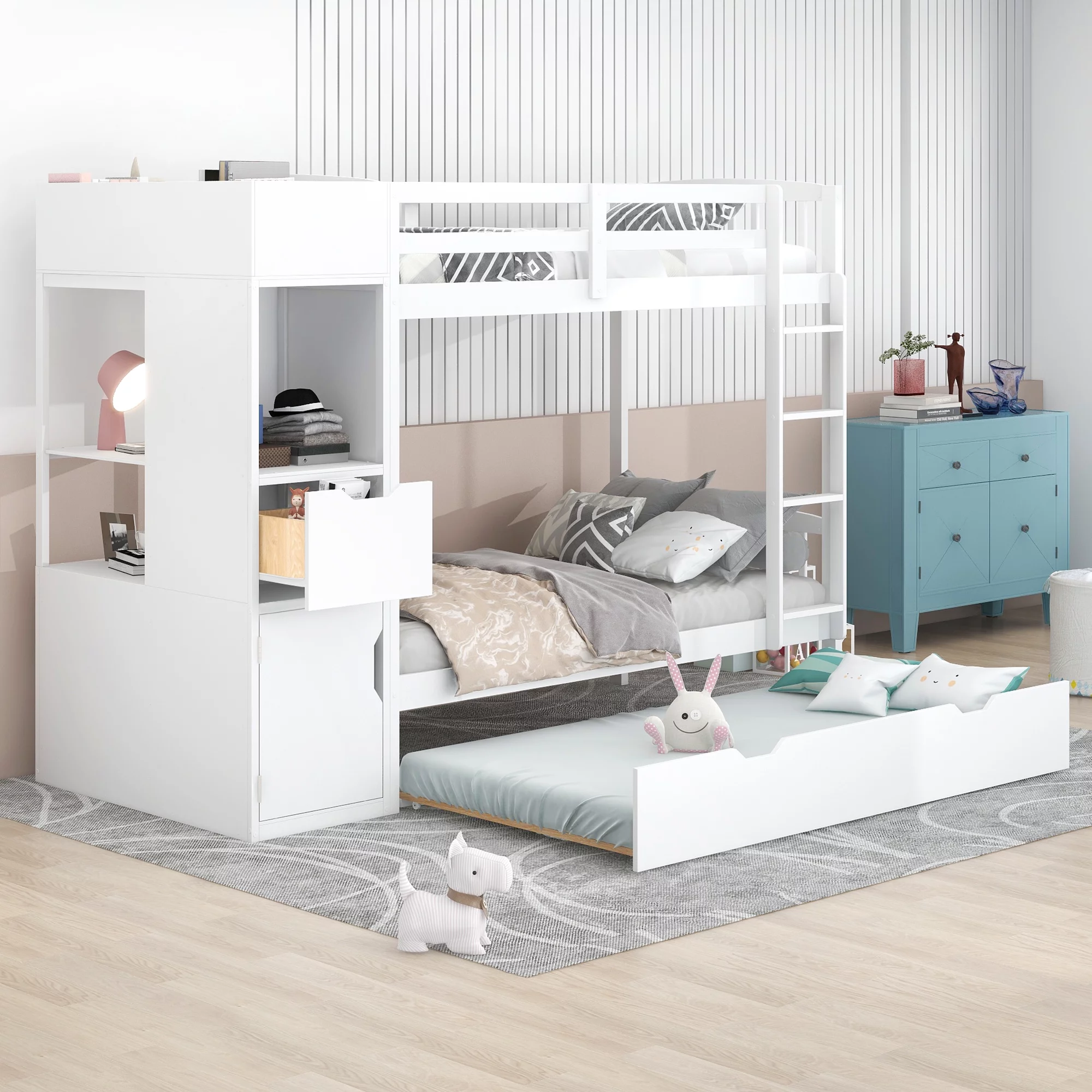 Twin over Twin Bunk Bed with Trundle and Multi-functional Locker, White