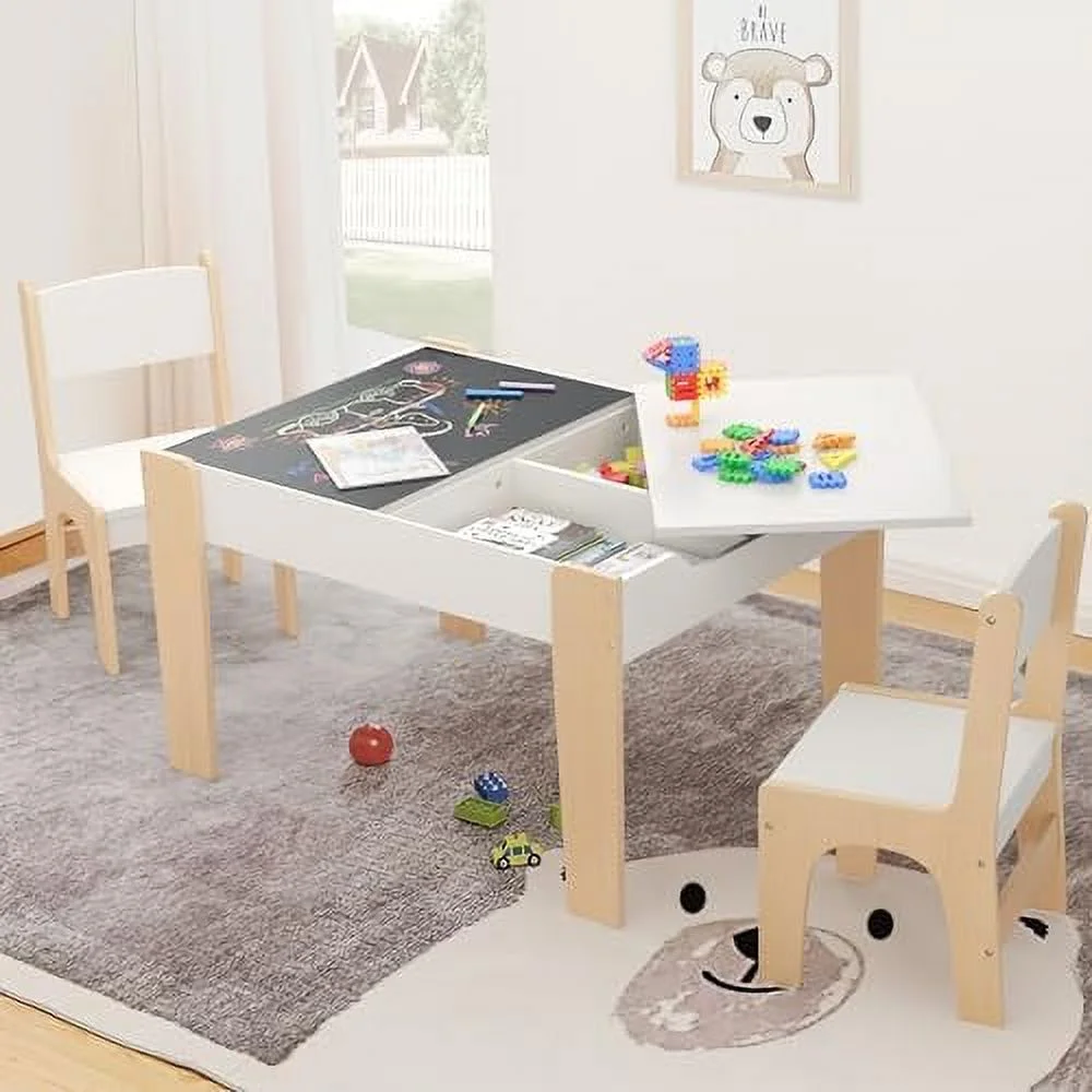 JYHOME 4 in 1  Table and Chair Set  Table and Chairs for Toddlers 2-5 with 2 Reversible Blackboard  Children's Table with  for Activity/Play/Art/Read/Craft  White and Natural Color