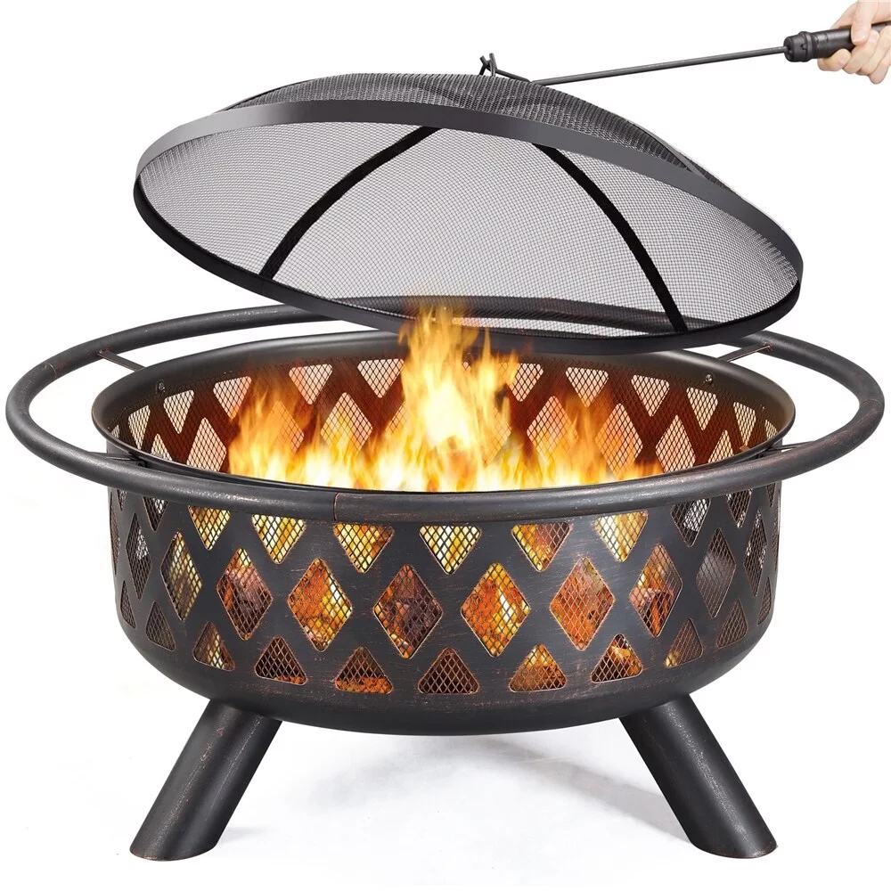 Yaheetech  36in Iron Fire Pit with Mesh Screen Poker and Cover