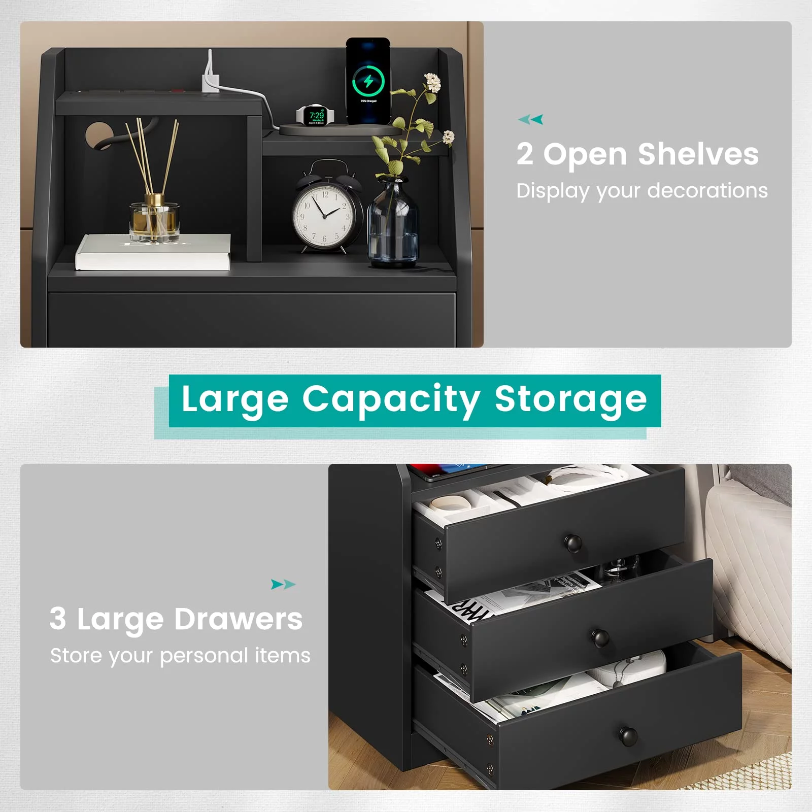 Nightstand with Charging Station, Black Night Stand with 3 Storage Drawers, Bedside Table for Bedroom