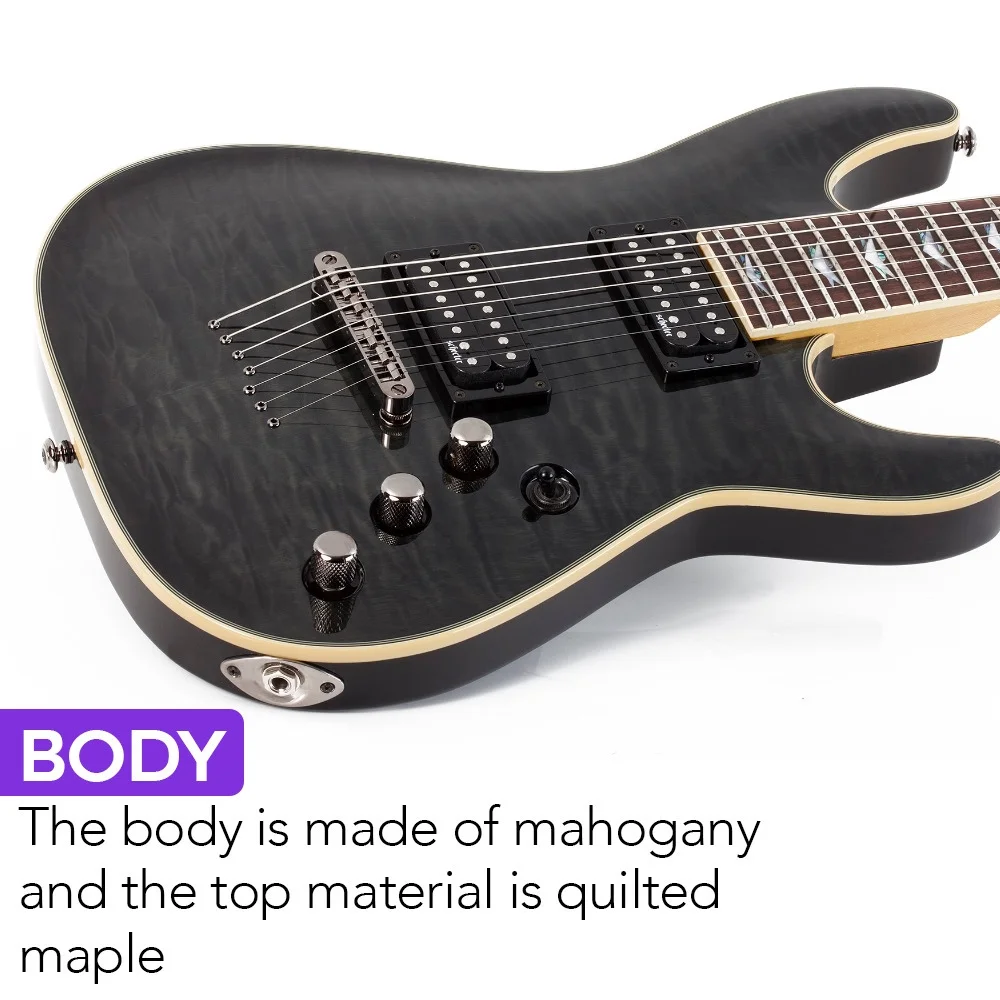 Schecter Omen Extreme-7 Electric Guitar (Right-Hand, See-Thru Black) with Schecter Universal Guitar