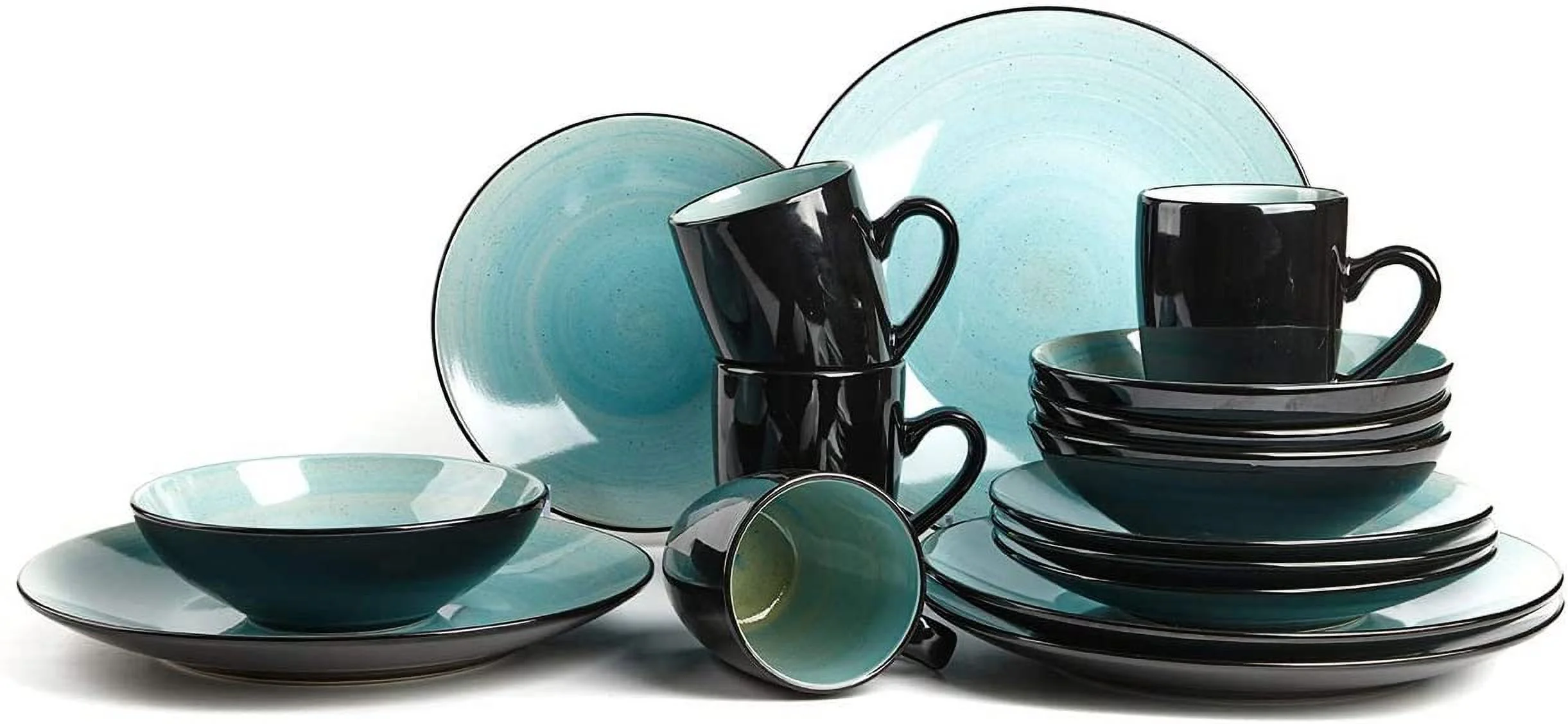 Stoneware Sonoma Dinnerware Set,Black + Speckled Spin Wash Turquoise,16Pc Set