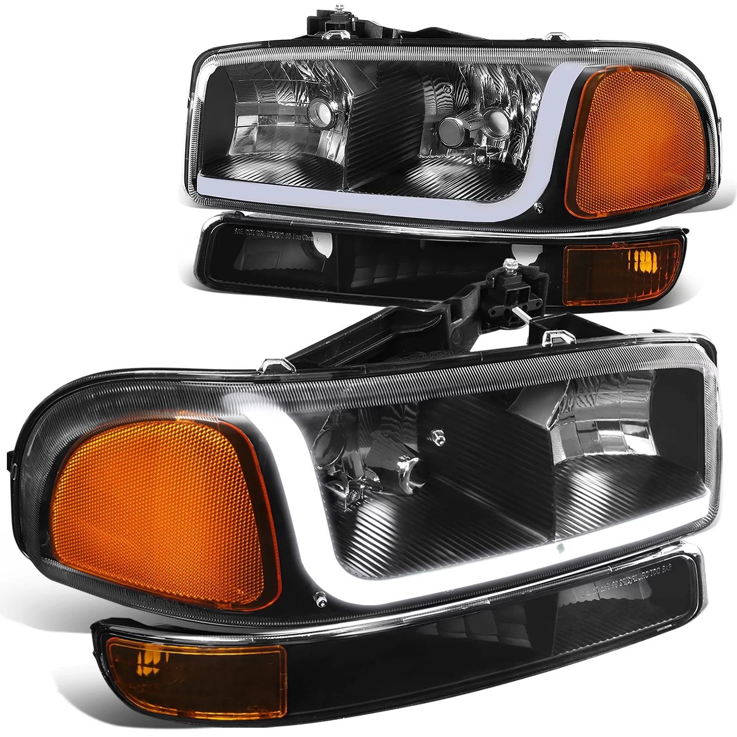 DNA Motoring HL-LB-SIERRA99-BK-AM For 1999 to 2007 GMC Sierra 1500 2500 3500 Yukon LED DRL Light Bar Headlight+Bumper Lamp Black Housing Amber Corner 00 01 02 03 04 05 06 4Psc