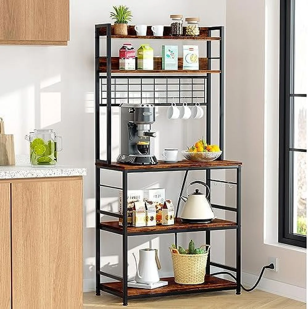 xrboomlife Kitchen Bakers Rack with Power Outlet  Coffee  Cabinet  Kitchen Racks with  Cabinet  5-Tier Microwave Stand with 10 Hooks and Metal Wire Panel (31.5''  Gray)