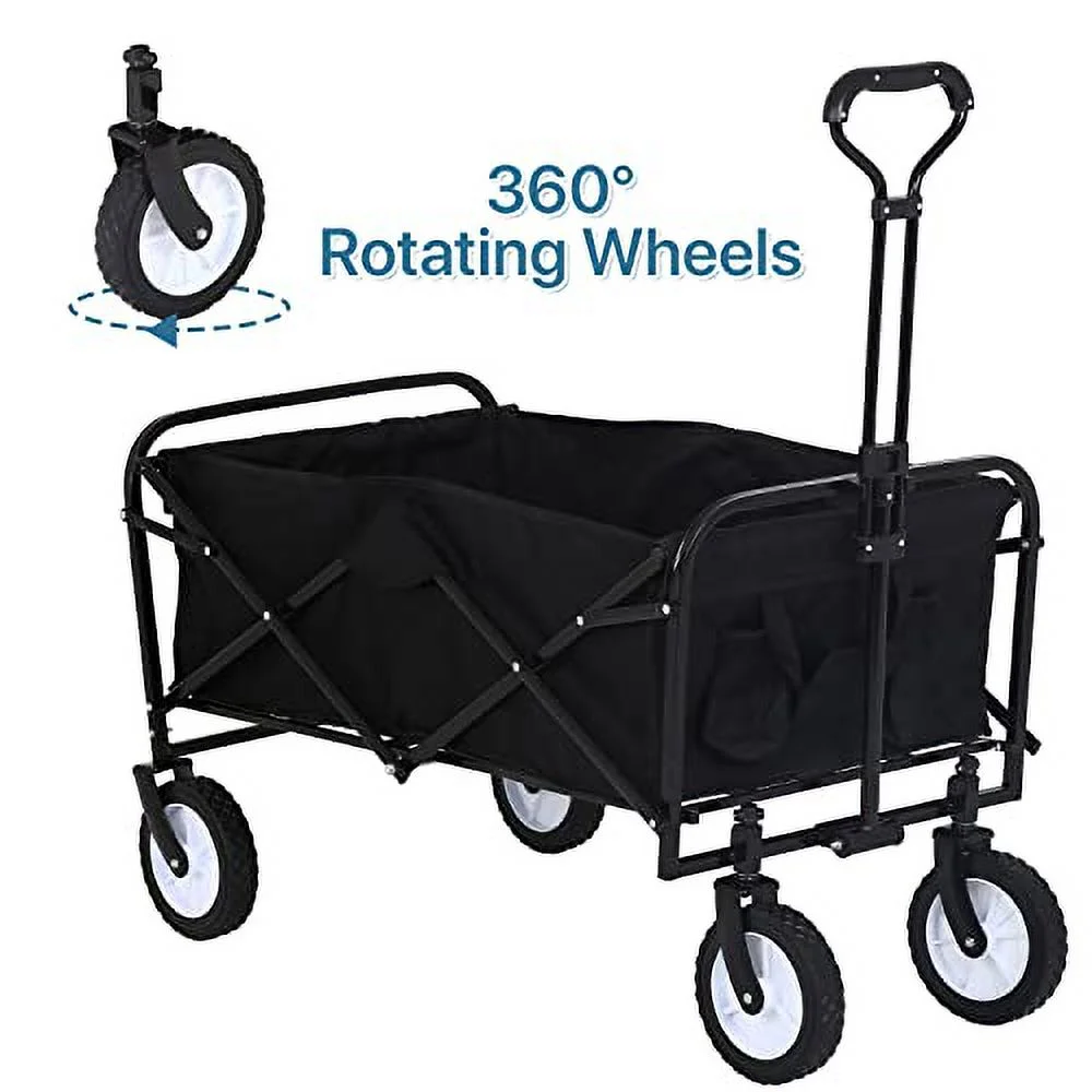 Collapsible Folding Wagon Portable Beach Wagon Utility Shopping Cart Heavy Duty Garden Cart Lounge Wagon Grocery Cart with Adjustable Handle for Grocery, Garden, Beach, Sport, Shop, Camping, Black