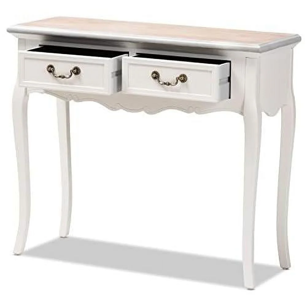 Capucine Antique French Country Cottage Two Natural Whitewashed Oak And White Finished Wood 2-Drawer Console Table