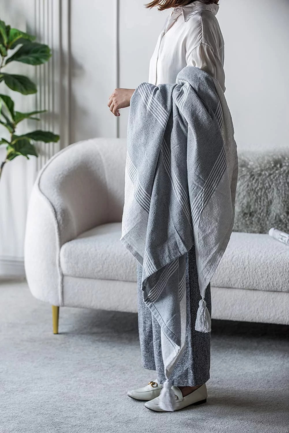 A&B Home Throw Blanket - Light Gray and White Stripe Woven Cotton Blend Blanket, 50