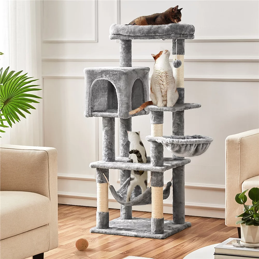 Topeakmart 52in Multilevel Cat Tree Condo Scratching Posts with Basket Hammock, Light Gray