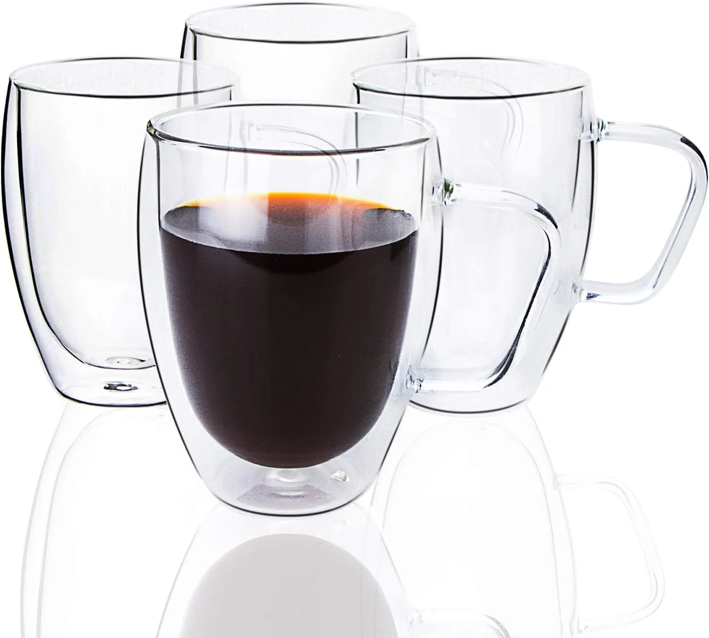 Clear Borosilicate Glass Double Wall Coffee Mug With Handle, Set Of 4 (12 Oz, 350 Ml) - Insulated Coffee Cup For Cappuccino, Espresso, Tea, And Beverages